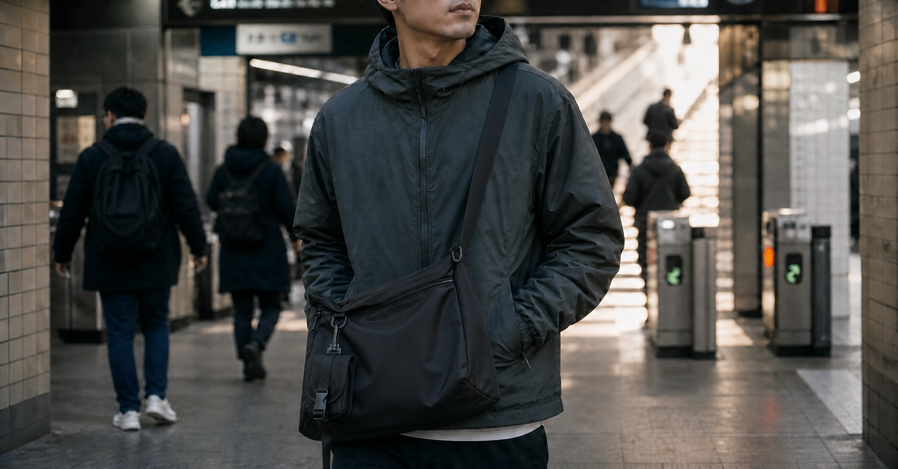 Urban commuter walking through a modern subway entrance with a matte black crossbody bag worn diagonally across the chest, other commuters blurred in background, morning commute atmosphere