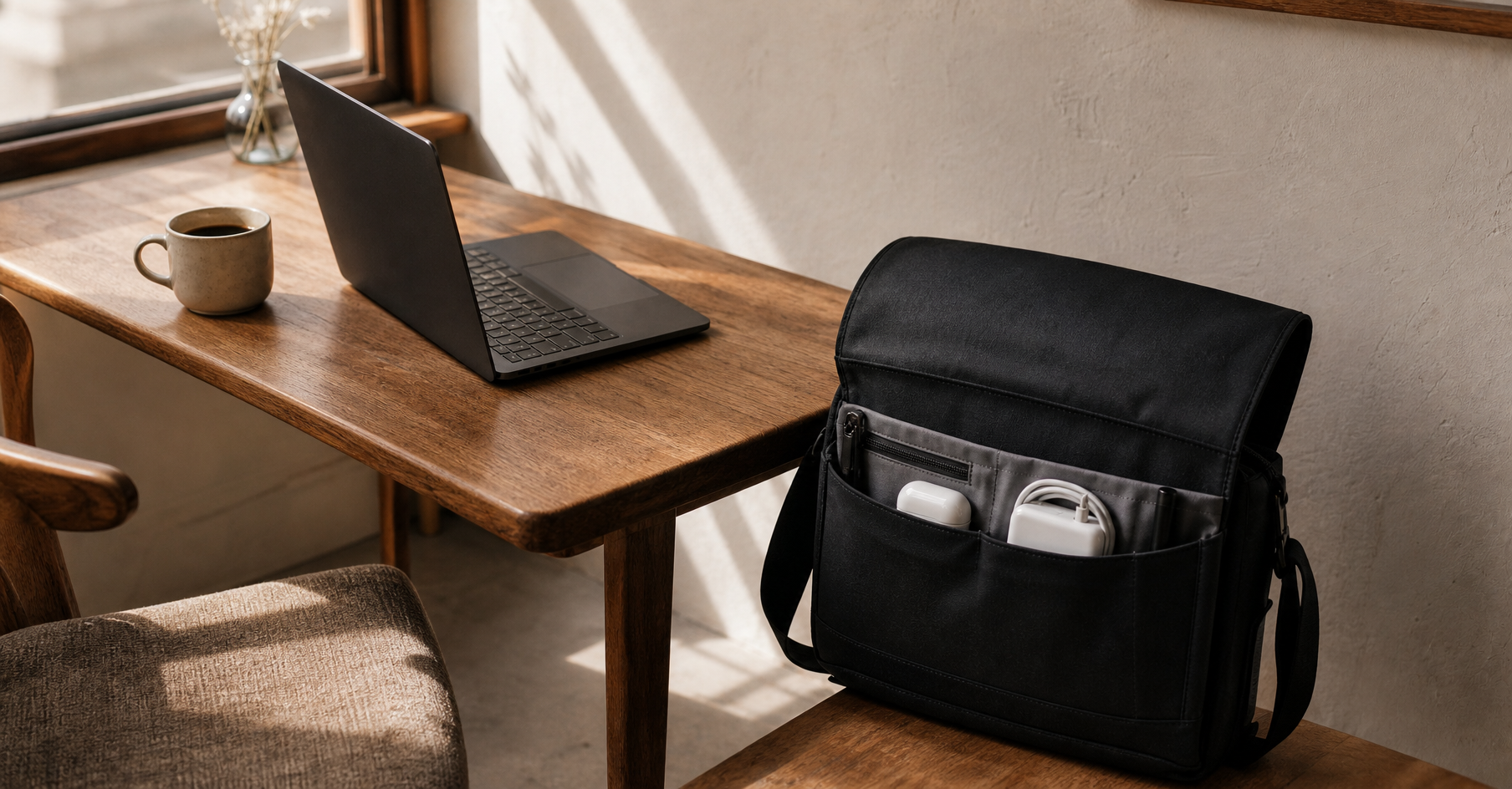 Morning workspace scene with slim black messenger bag leaning open against a wooden desk, MacBook open, ceramic coffee mug beside it, warm window light falling across the scene