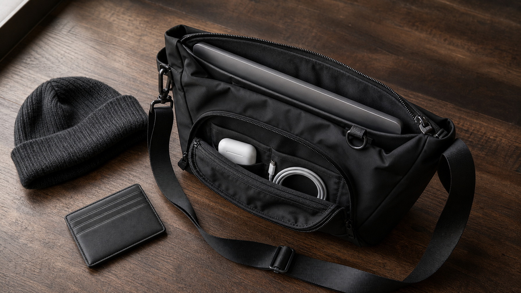 Overhead editorial flatlay on warm dark wood of an open matte black messenger bag — padded dedicated laptop sleeve visible, front organizer pocket with AirPods Pro case and USB-C cable, slim cardholder wallet beside, charcoal merino beanie in corner