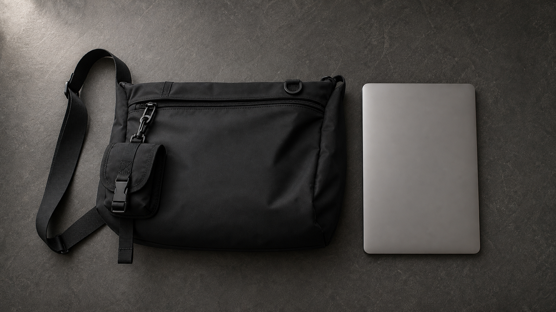 Overhead flatlay on dark slate showing a matte black structured crossbody messenger bag laid flat beside a 14-inch laptop for direct scale comparison — demonstrating the bag's capacity to hold the laptop with room for a full daily kit