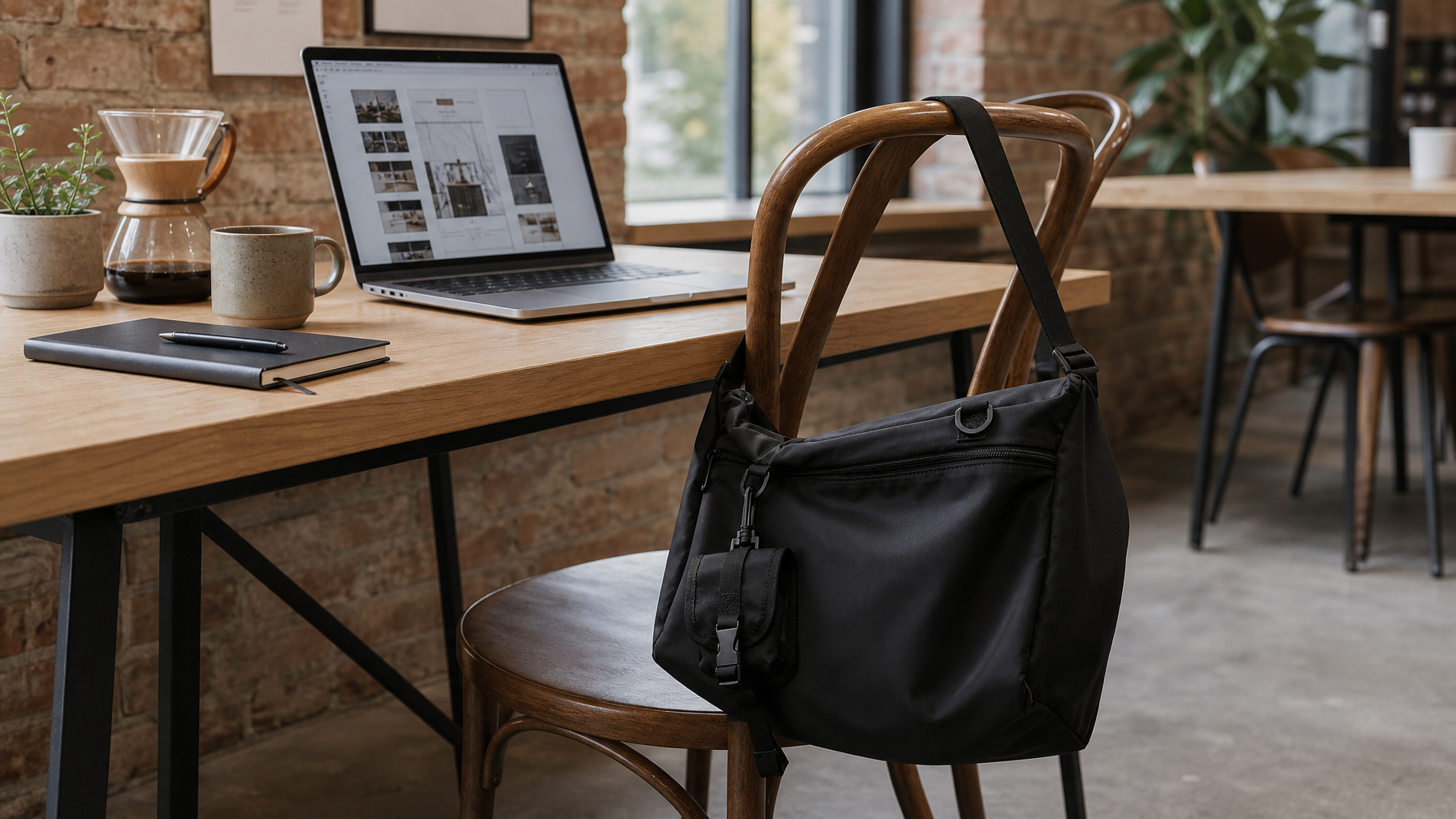 Modern co-working café scene — MacBook open on a clean light wood table with ceramic pour-over coffee cup and slim black notebook, large matte black messenger bag hanging from the back of a bentwood chair, warm natural window light and exposed brick behind