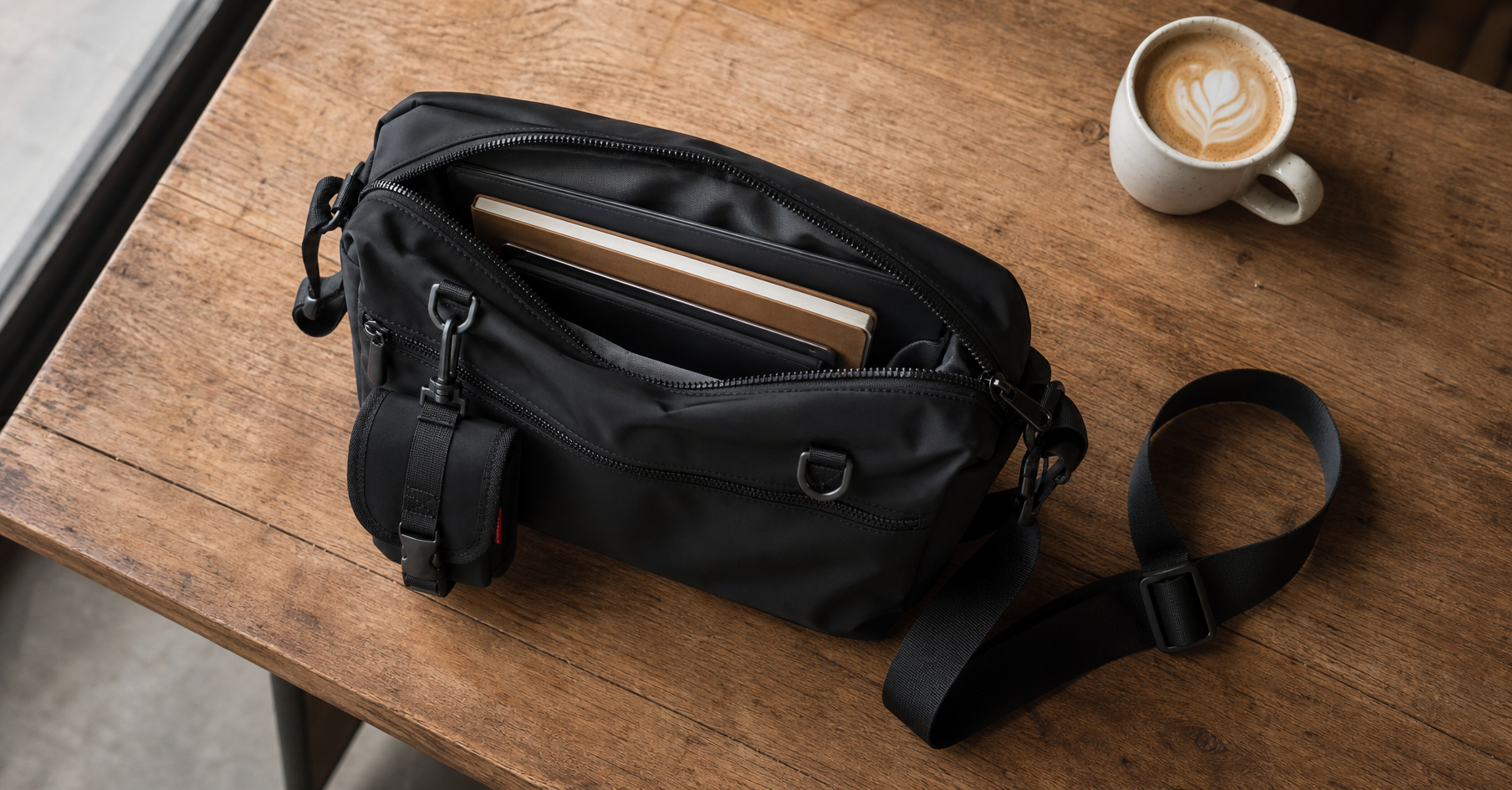 Overhead flatlay of a large matte black commuter crossbody bag on a warm wooden café table, top-zip partially open revealing neatly packed interior with notebook and laptop sleeve visible, wide seatbelt strap coiled beside, ceramic flat white in upper corner