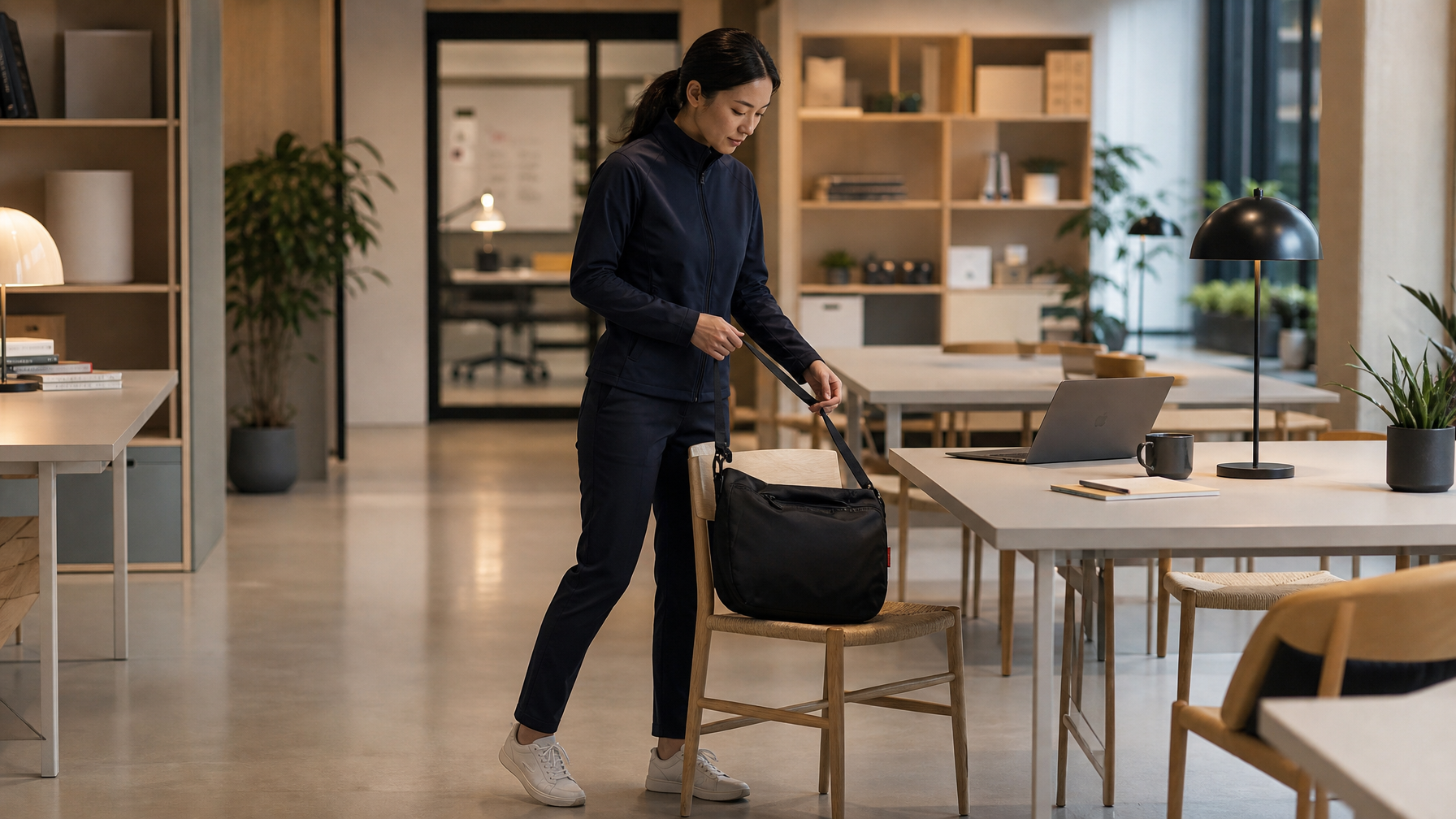 Woman in late 20s in an unbranded dark navy technical zip-top, draping a matte black crossbody messenger bag over the back of a light wood chair in a modern co-working space, MacBook visible on the desk — bag transitioning from commute to workspace