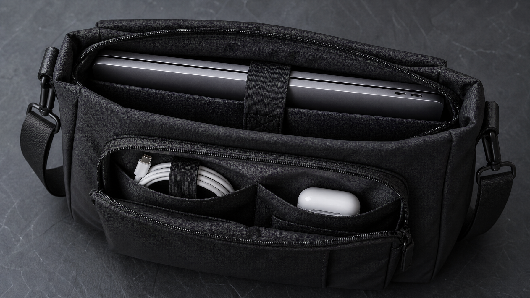 Close-up overhead shot of an open black commuter bag interior — MacBook Pro 14 inch visible in a padded dedicated laptop sleeve, front organizer pocket with USB-C cable and AirPods Pro case, dark slate surface