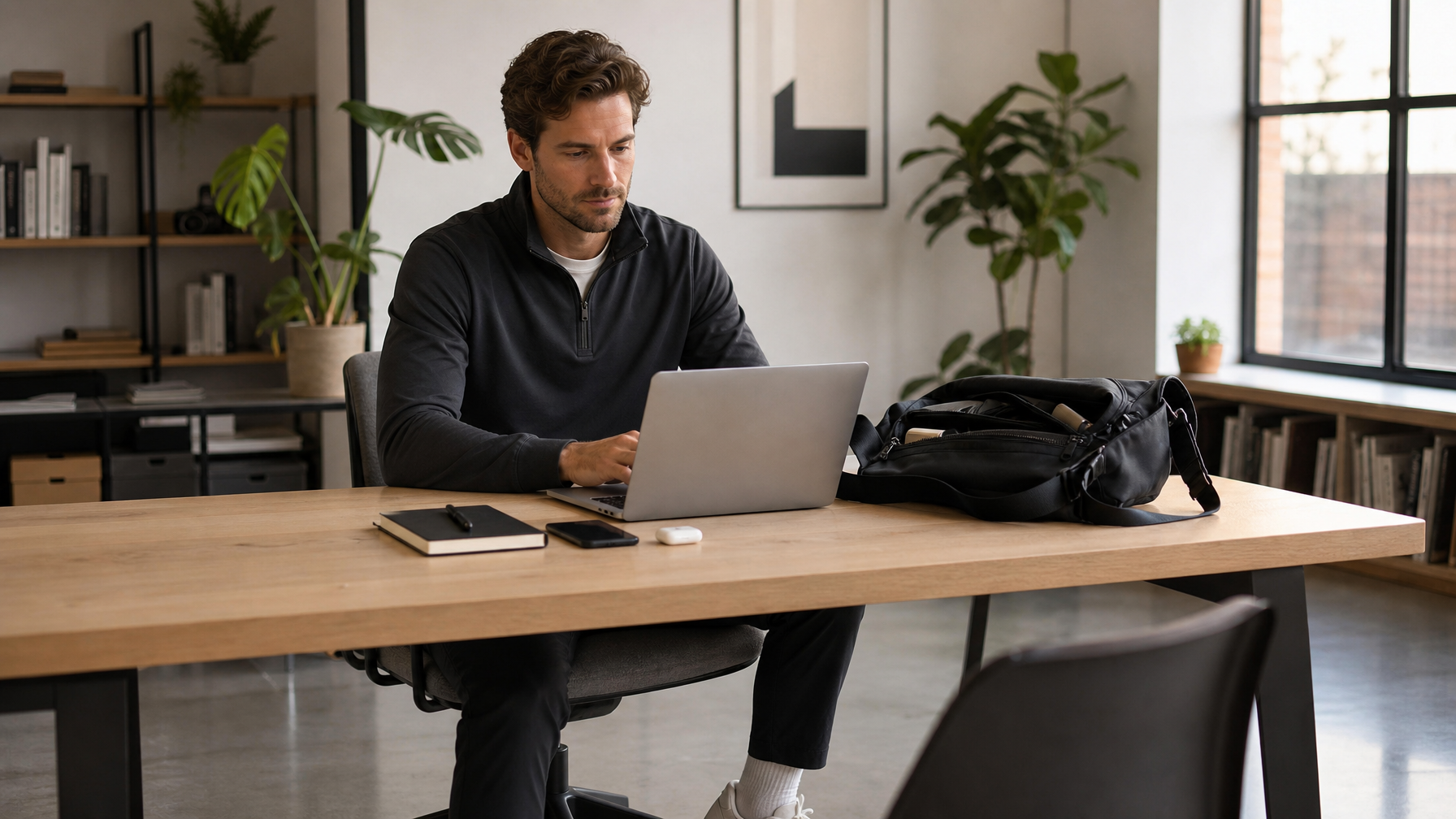 Man in early 30s in an unbranded dark charcoal quarter-zip technical top, seated at a clean co-working desk with MacBook open and matte black crossbody messenger bag open beside it, phone and AirPods case nearby — relaxed productive posture in a modern creative workspace