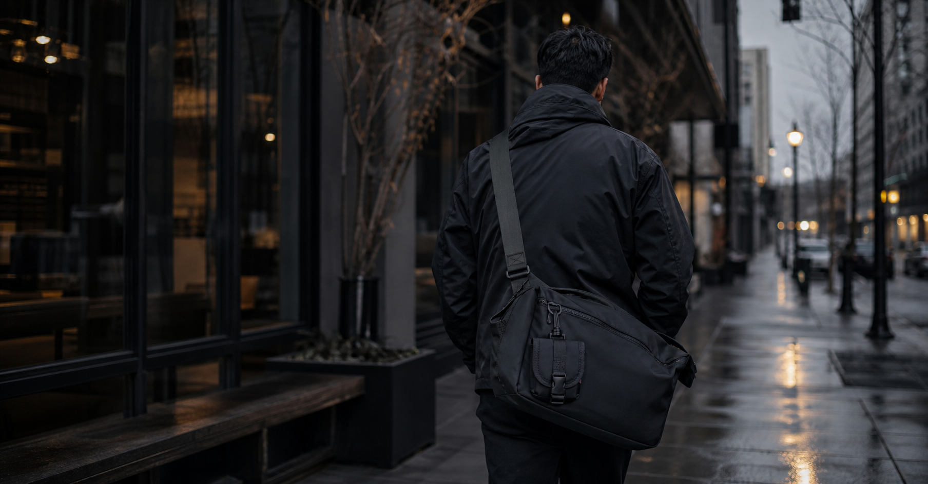 Person walking away on a dark urban sidewalk in early morning wearing a large matte black commuter crossbody bag, slouchy silhouette, wide strap crossing chest, bag hanging low at hip