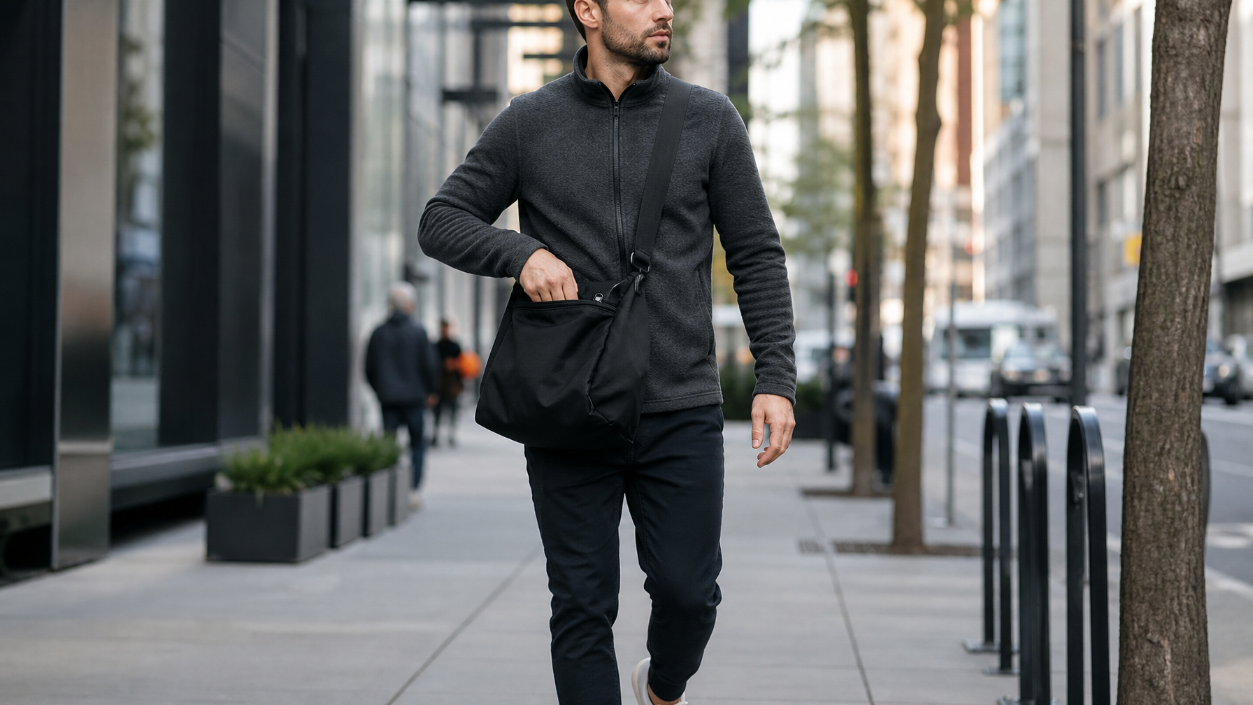 Man in early 30s in an unbranded heather charcoal technical fleece, walking on an urban sidewalk mid-stride, right hand reaching naturally toward the front pocket of a matte black crossbody messenger bag worn diagonally — demonstrating effortless one-handed access while in motion