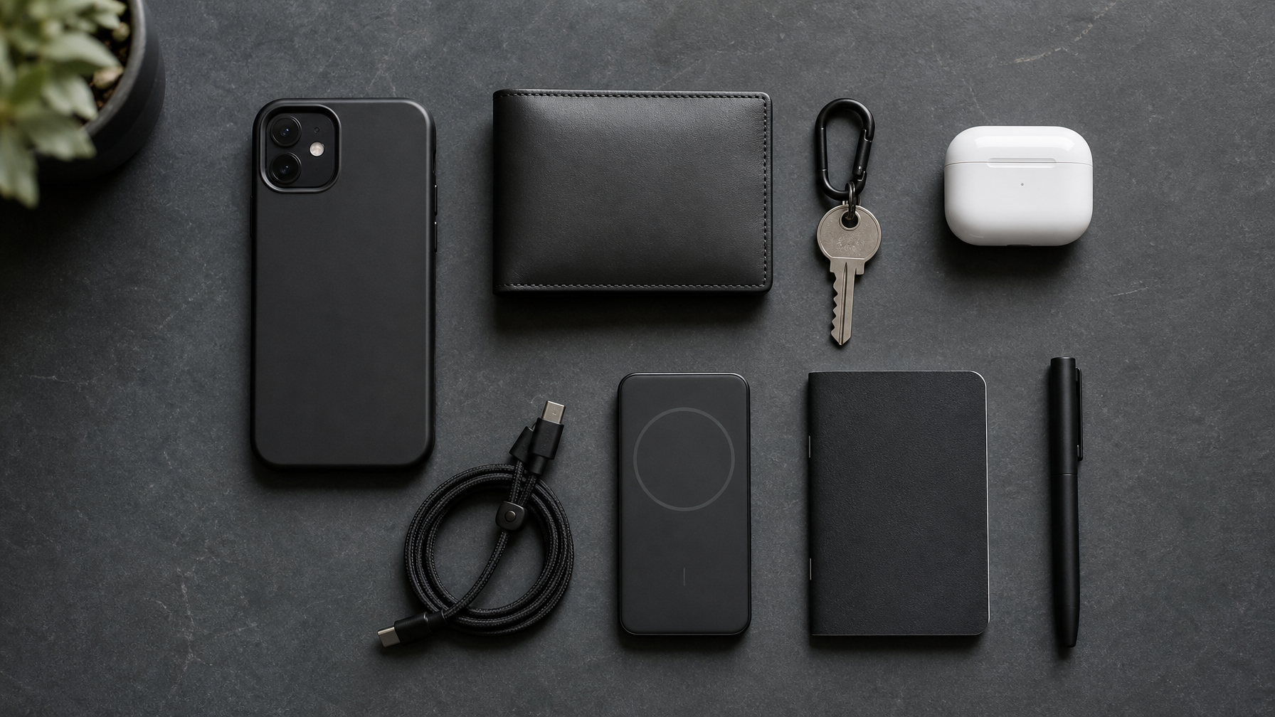 Editorial flatlay on dark slate showing a professional commuter's everyday carry: iPhone in slim matte black case, minimal bifold wallet, single key on matte carabiner, AirPods Pro case, coiled USB-C cable, slim portable charger, small black notebook, slim pen — clean modern EDC aesthetic, no logos