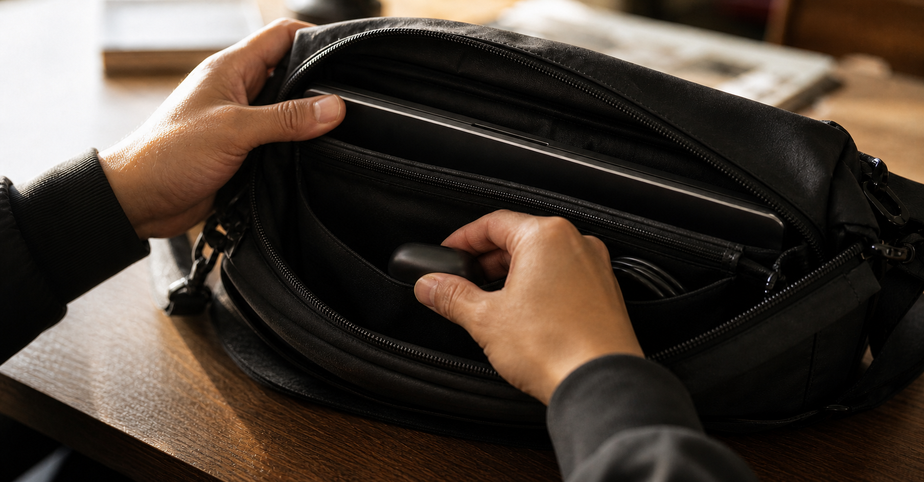 Person's hands reaching into the front organizer pocket of an open slim black messenger bag on a wooden table, earbuds case and pen visible in organized slots, warm natural light