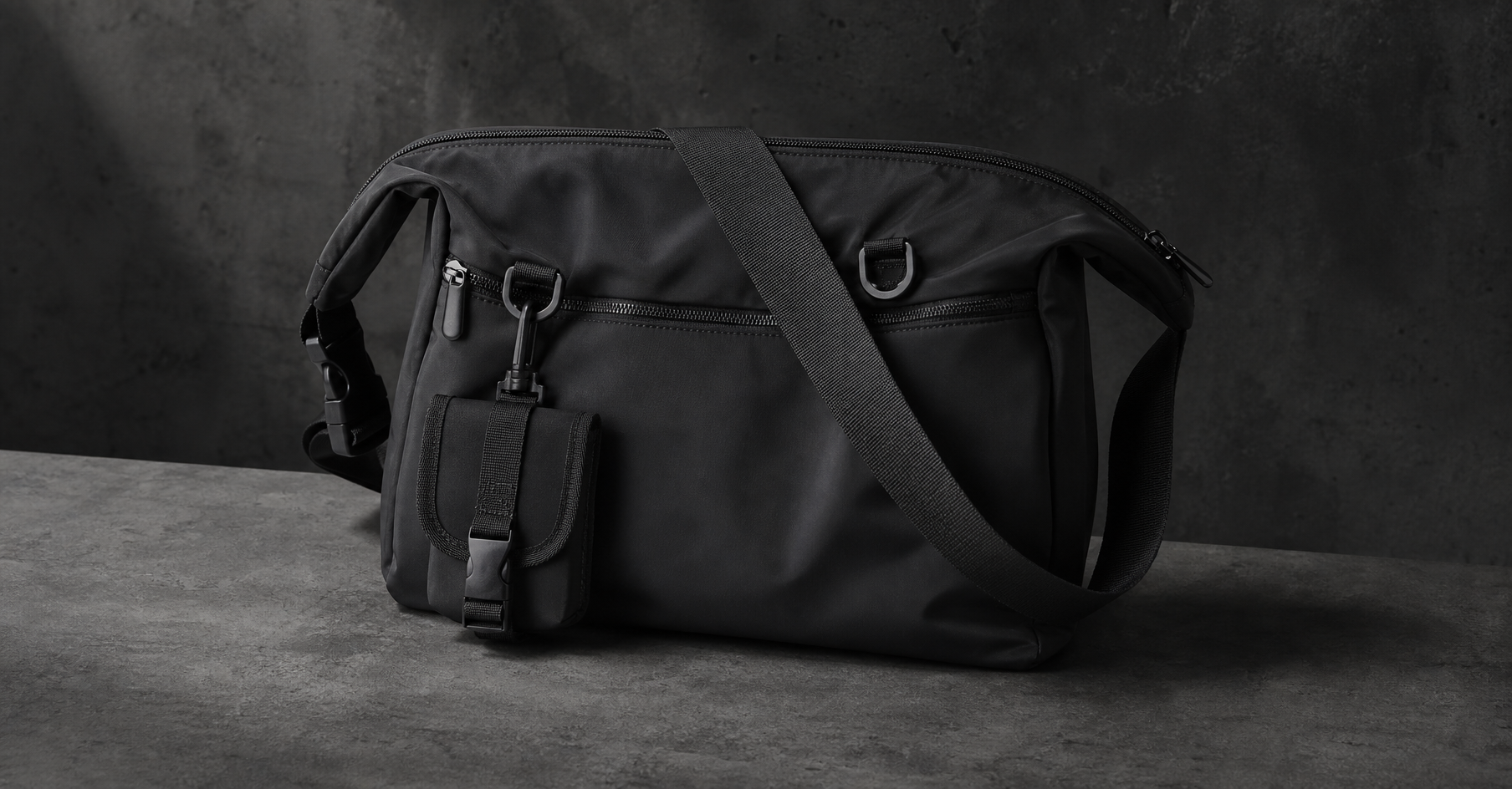 Large matte black commuter crossbody bag placed on dark concrete surface, slightly angled, top zipper and detachable front pouch visible, wide nylon strap draped to the side, soft directional light