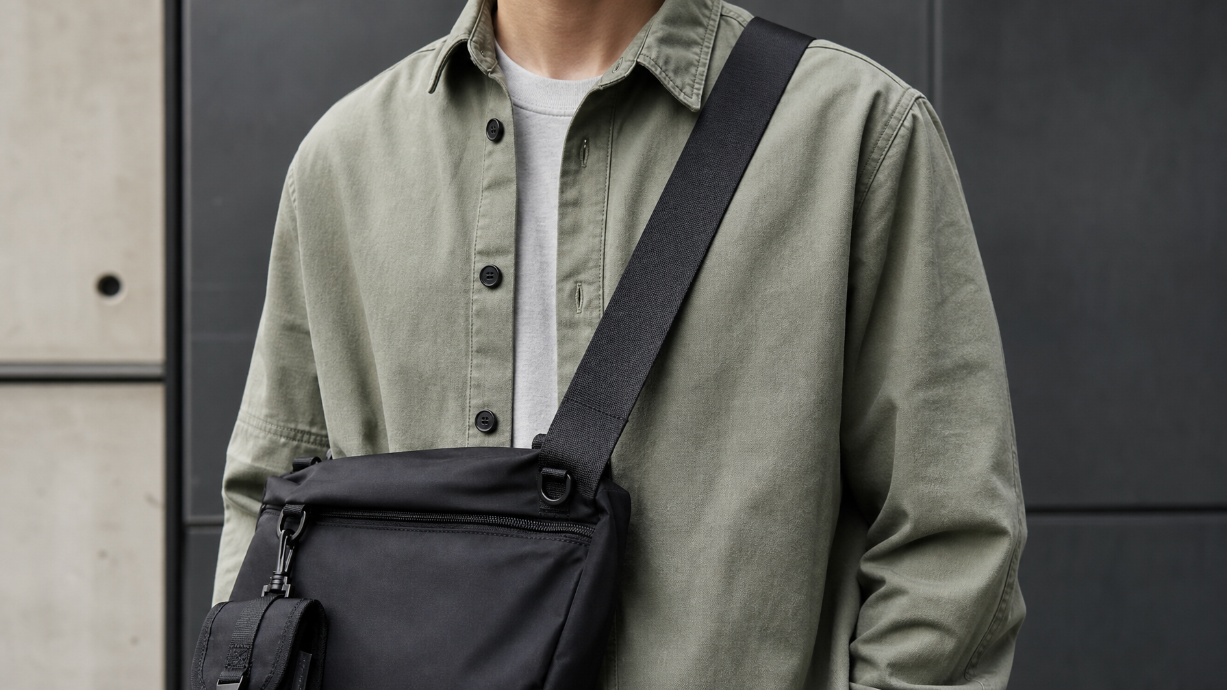 Detail shot of a wide matte black seatbelt-style strap crossing diagonally from shoulder to opposite hip — showing the crossbody configuration that keeps the bag stable and accessible at hip level