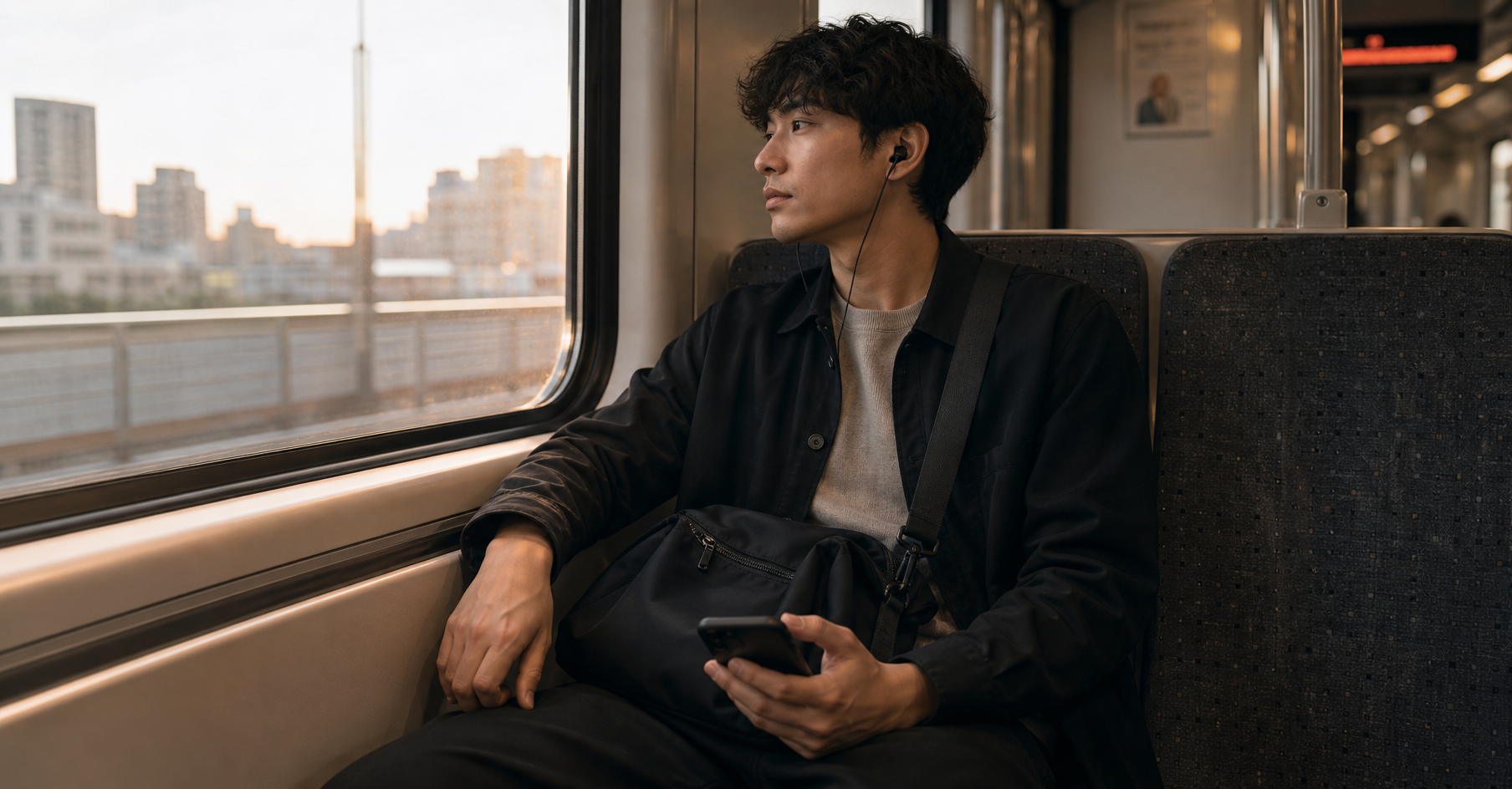 Person seated on a commuter train looking out the window, matte black crossbody bag resting naturally on their lap, calm transit atmosphere with soft window light