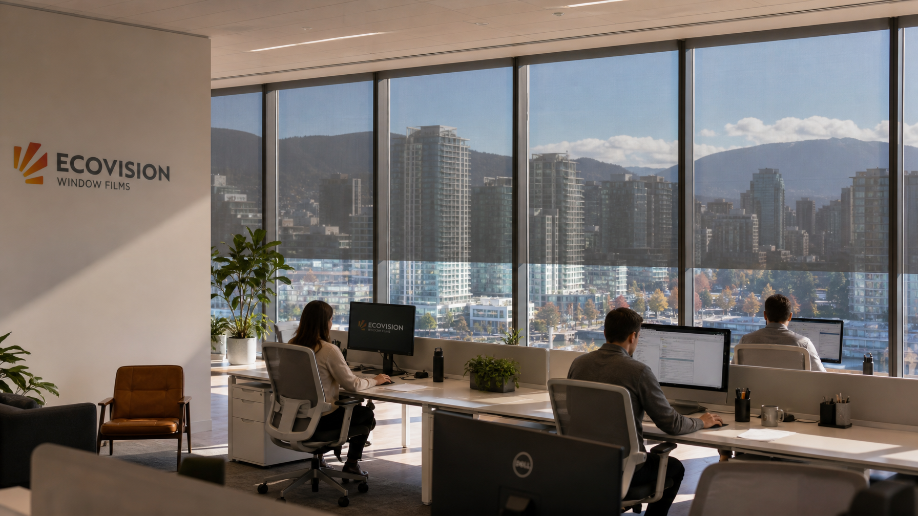 Vancouver commercial office interior with LLumar solar control window film installed showing comfortable glare-free environment