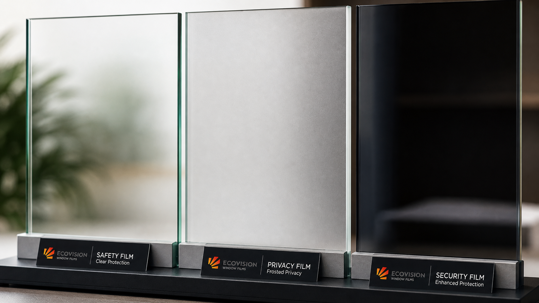 Three types of protective glass door film samples showing clear safety film, frosted privacy film, and tinted security film side by side
