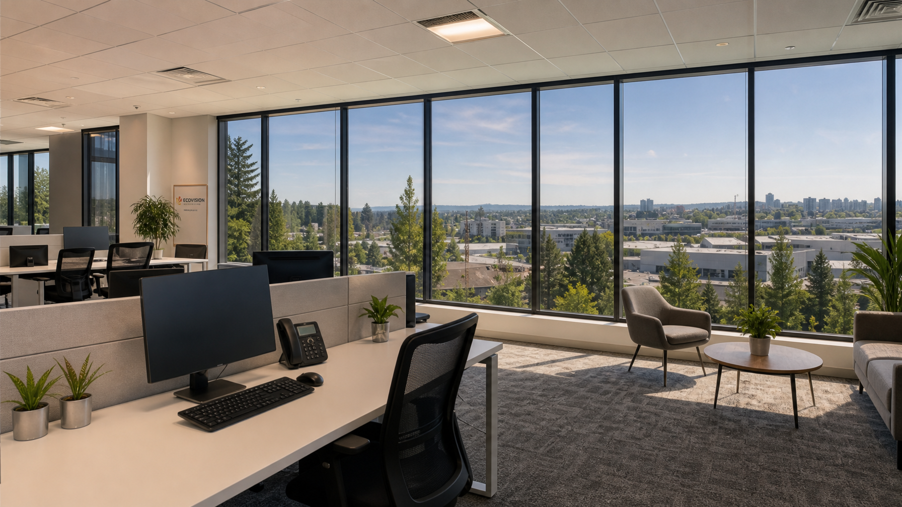 Modern office interior in Surrey, BC with floor-to-ceiling windows tinted with solar control film, comfortable natural light, no glare on screens