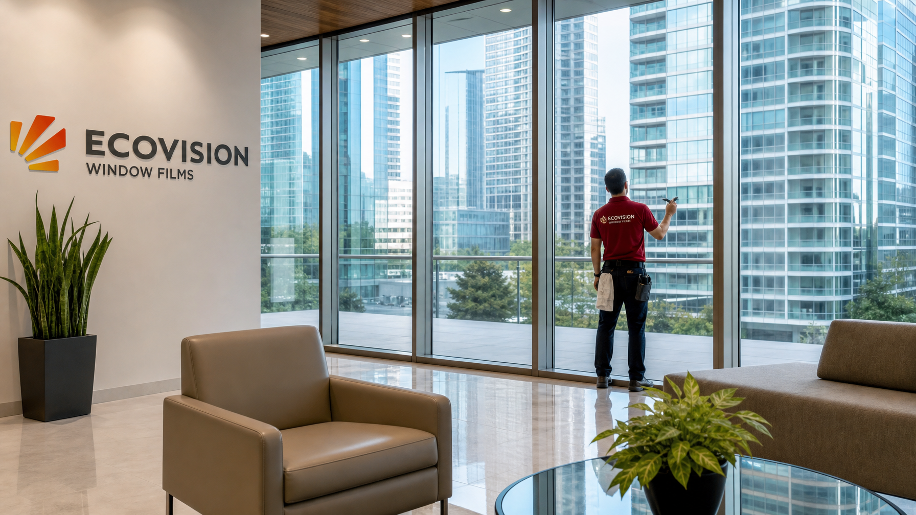 Modern Vancouver office lobby with clean floor-to-ceiling glass walls after professional privacy window film removal, Ecovision installer inspecting glass surface