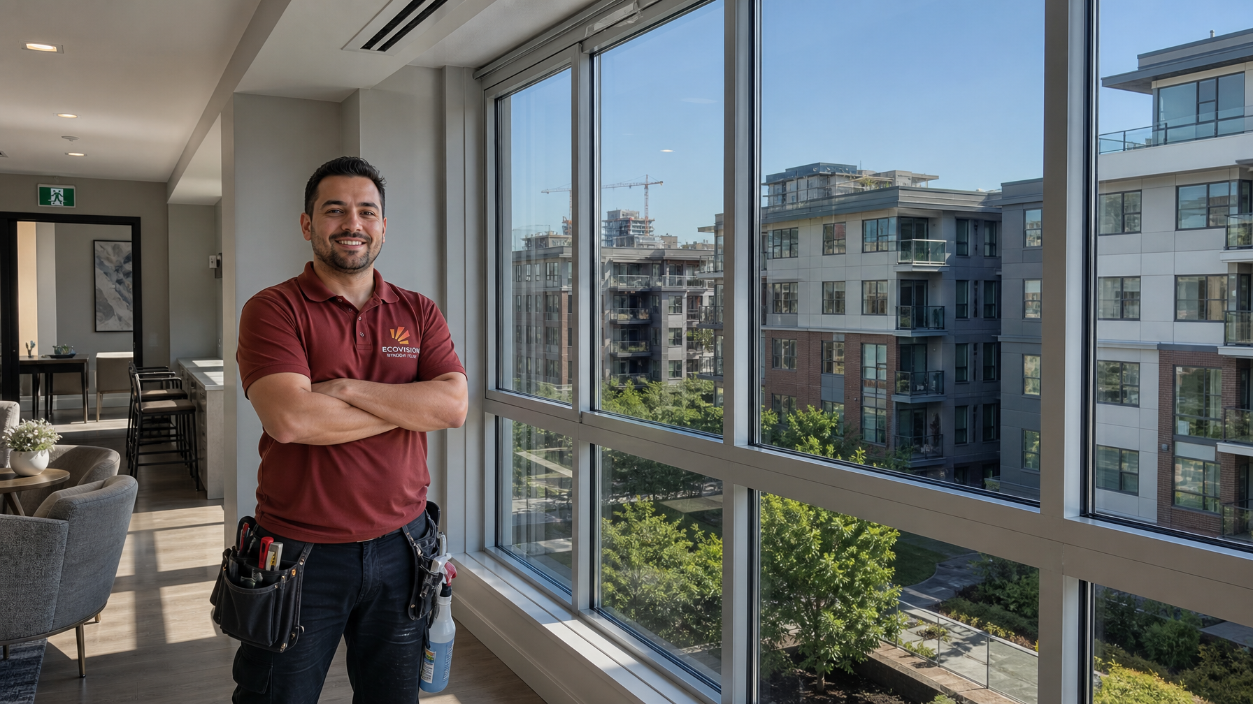 Ecovision Window Films installer in brick-red branded shirt beside completed solar film installation in New Westminster multi-unit residential building