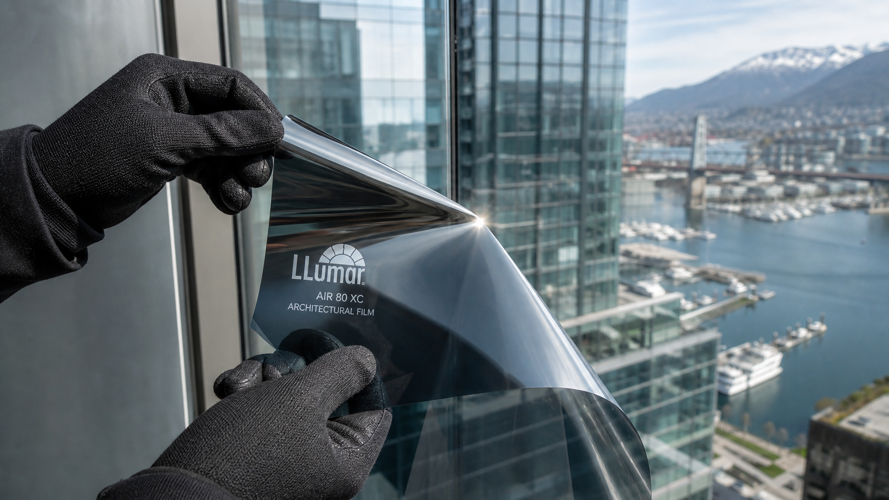 Close-up of architectural window film product showing reflective metallic coating being applied to commercial glass in Vancouver