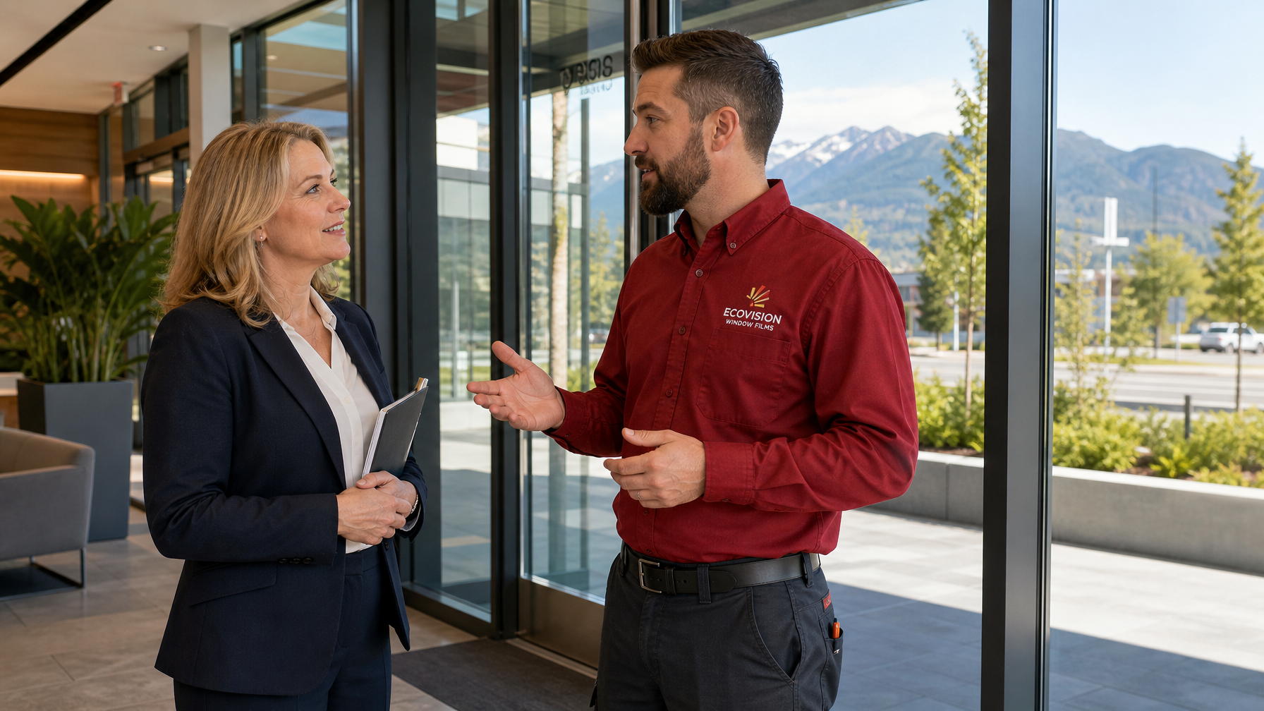 Ecovision installer in brick-red work shirt consulting with property manager at commercial glass lobby entry in Vancouver building with safety glazing film installed
