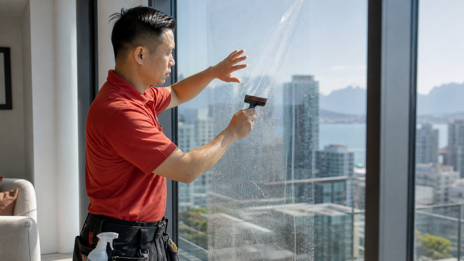 Ecovision installer in brick-red branded shirt applying safety film to a high-rise condo window in Vancouver