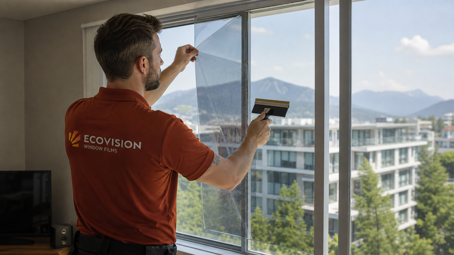 Ecovision Window Films installer in brick-red branded shirt applying solar control window film to a New Westminster rental apartment window