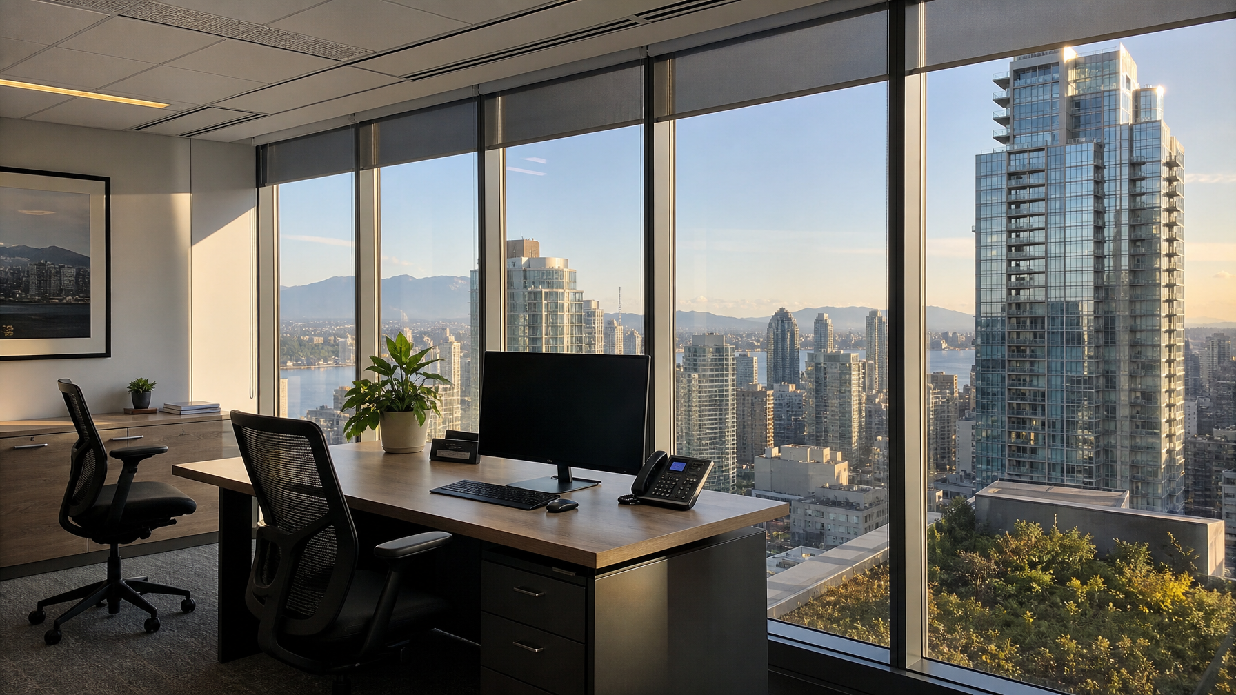 Modern Vancouver office interior with solar control window film installed on floor-to-ceiling windows, showing reduced glare and comfortable lighting