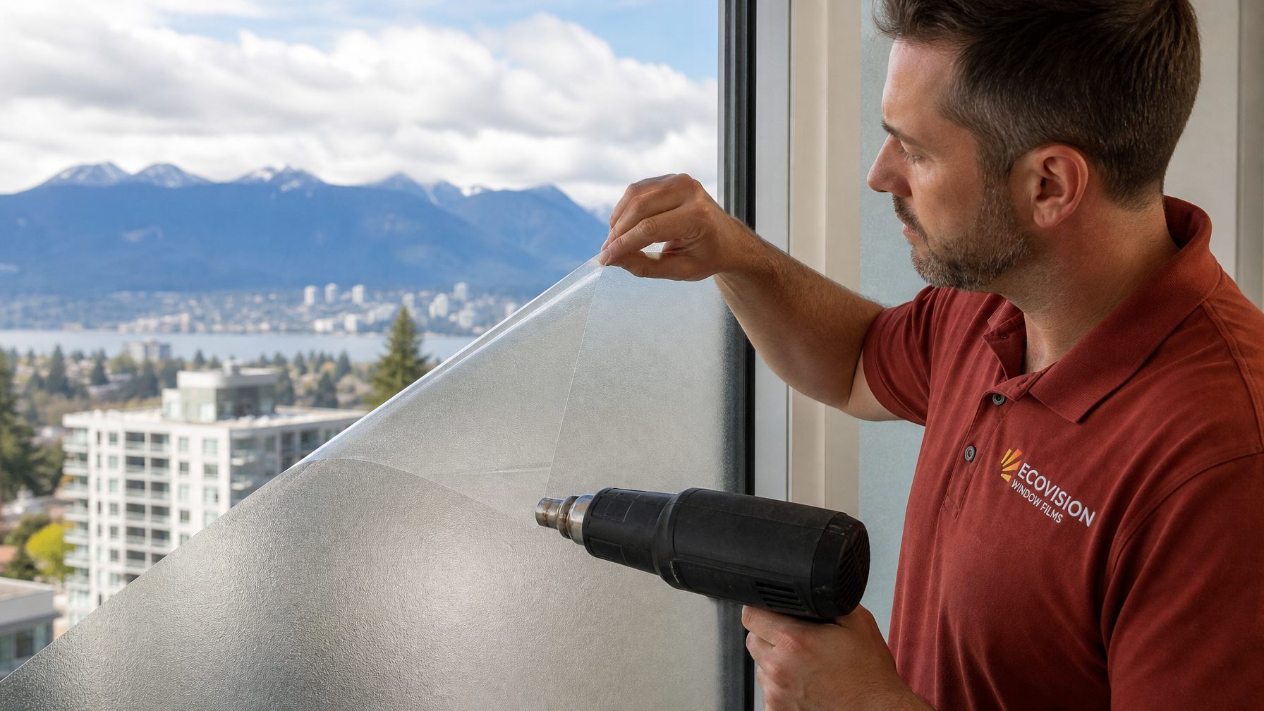 Ecovision Window Films installer in brick-red work shirt using a heat gun to peel privacy window film from a residential window in Vancouver, BC