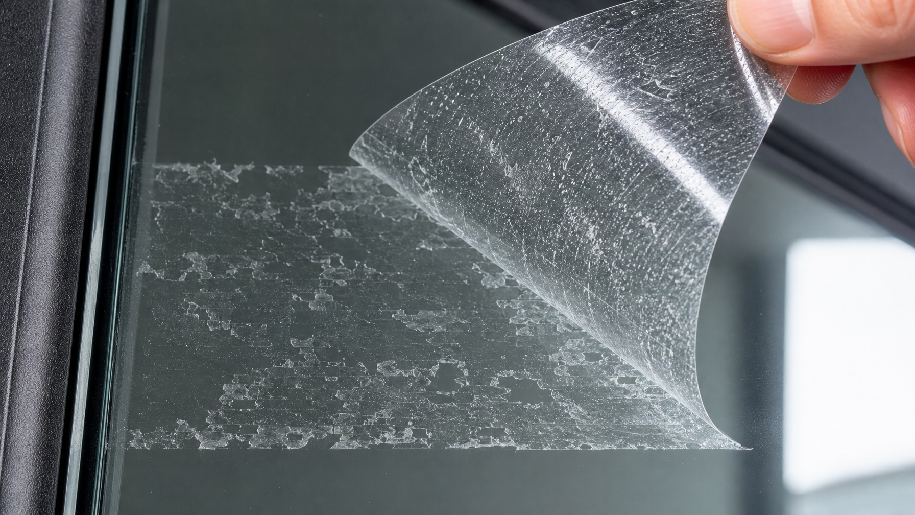 Close-up macro shot showing window film adhesive layer fragmenting and separating from glass surface during removal, demonstrating why film cannot be reapplied