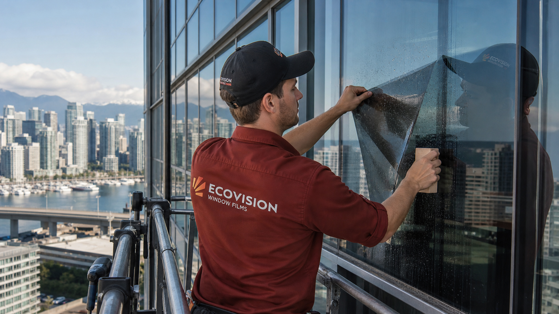 Ecovision Window Films installer in brick-red branded shirt applying solar control film to a commercial glass curtain wall in Vancouver