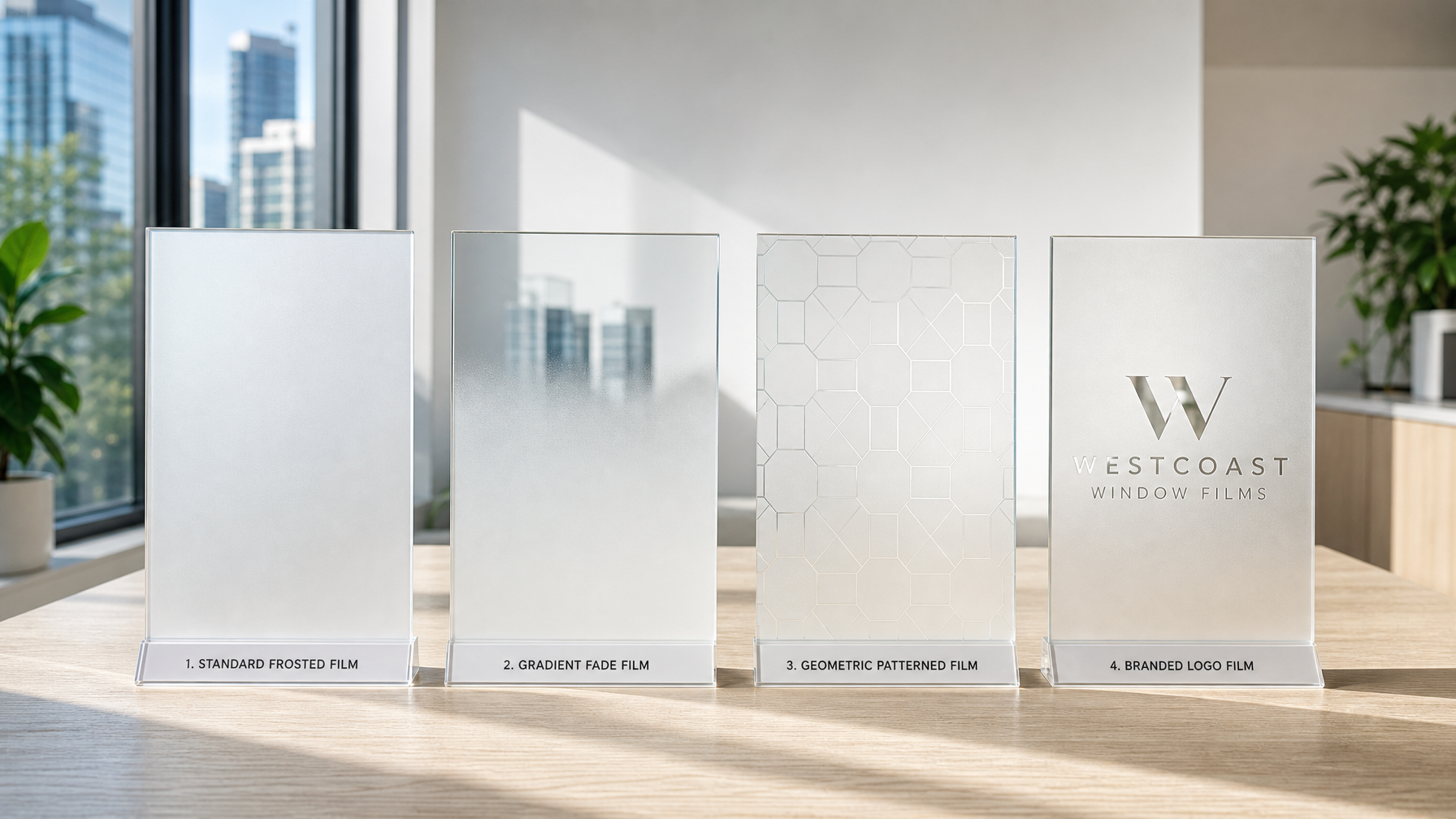 Four commercial frosted window film types side by side: standard frosted, gradient fade, geometric patterned, and custom branded logo film samples