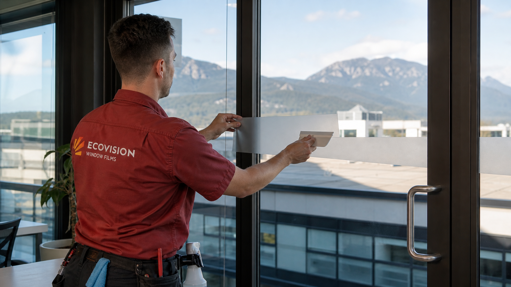 Ecovision Window Films installer in brick-red branded shirt applying new frosted privacy film to commercial glass door in Vancouver office after previous film removal