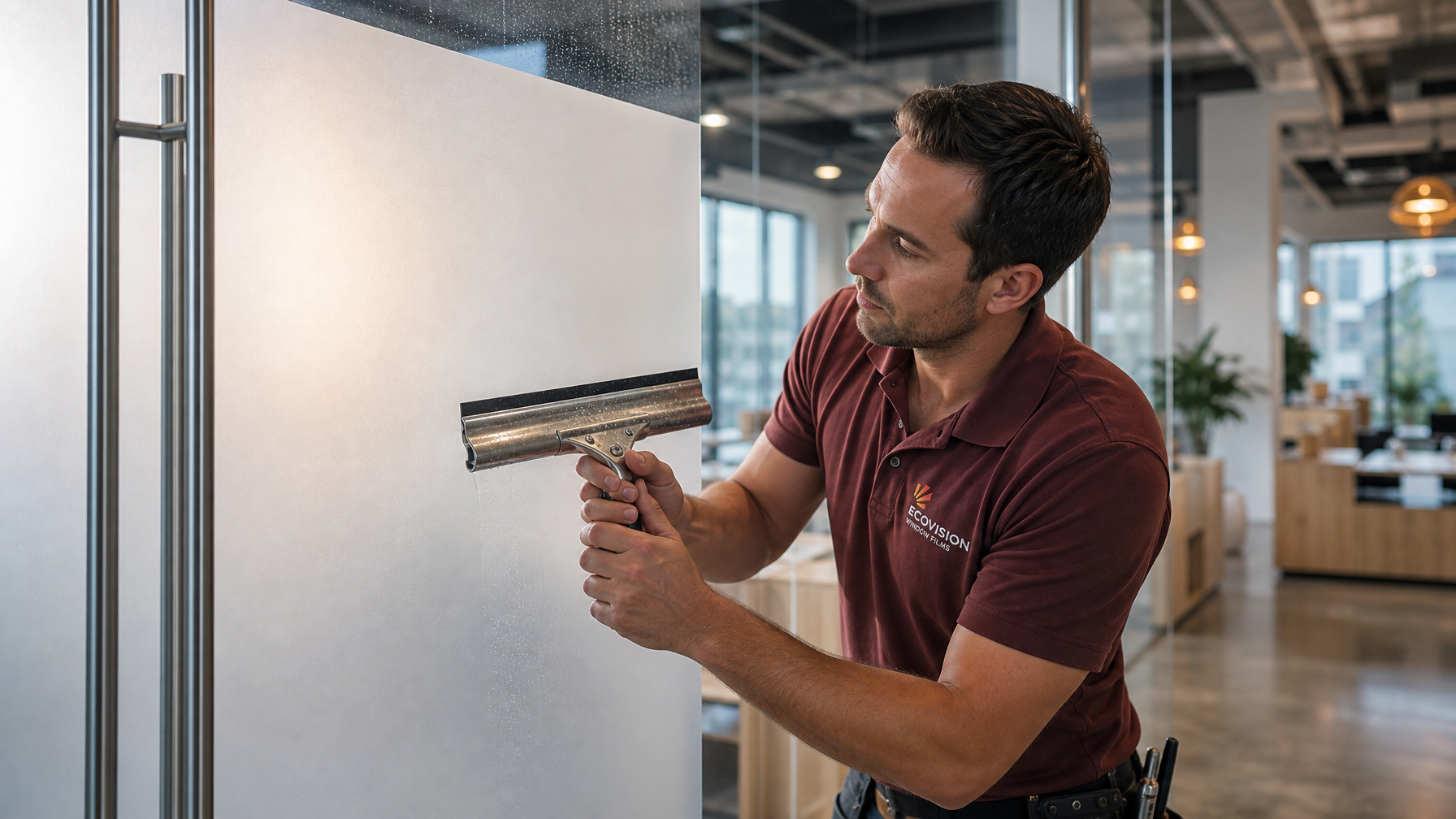 Ecovision Window Films certified installer applying frosted privacy film to glass office partition in Vancouver