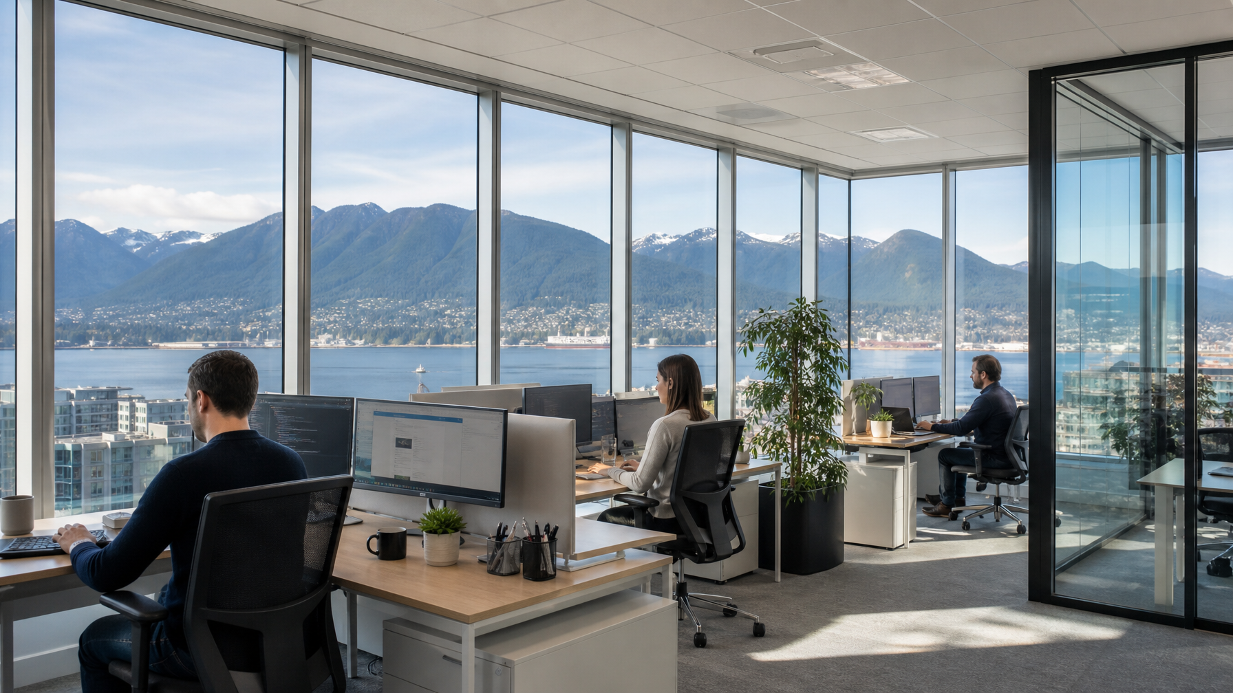 Bright Vancouver commercial office interior with floor-to-ceiling windows treated with Vista solar control film showing glare-free comfortable working environment with North Shore mountains visible