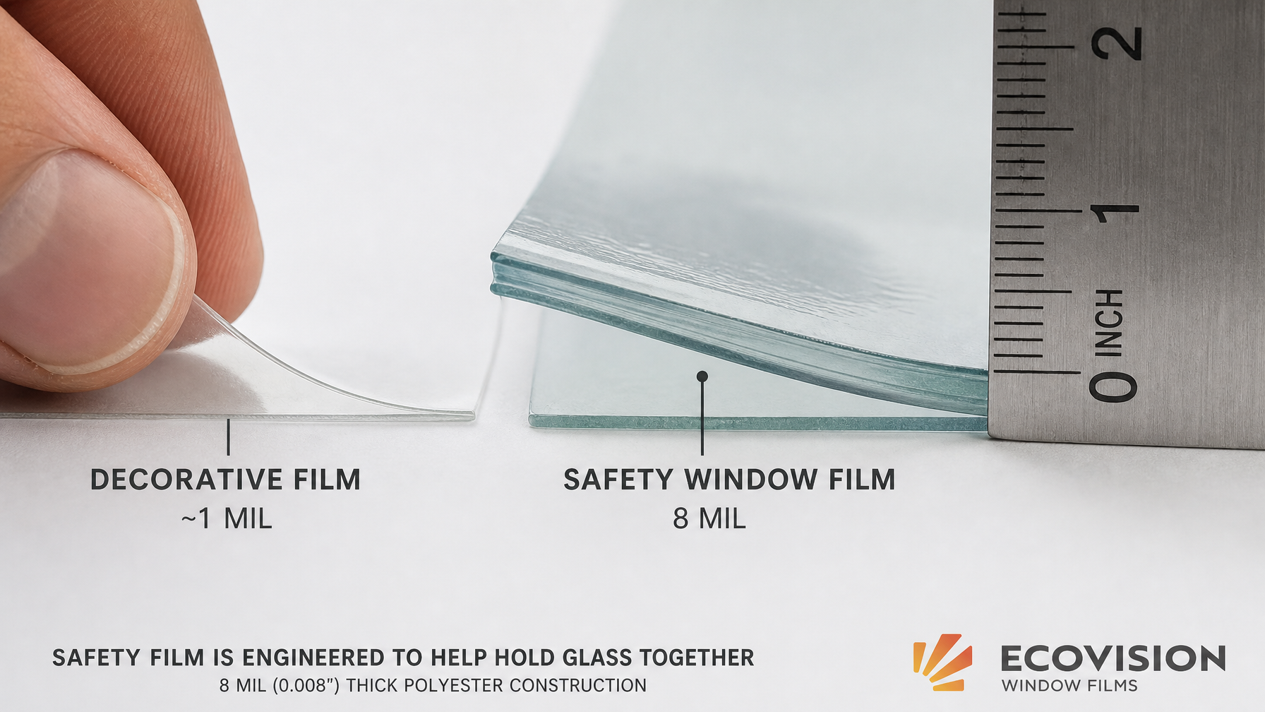Close-up comparison of thin decorative window film versus thick 8-mil safety glazing film layers showing the difference in thickness and construction