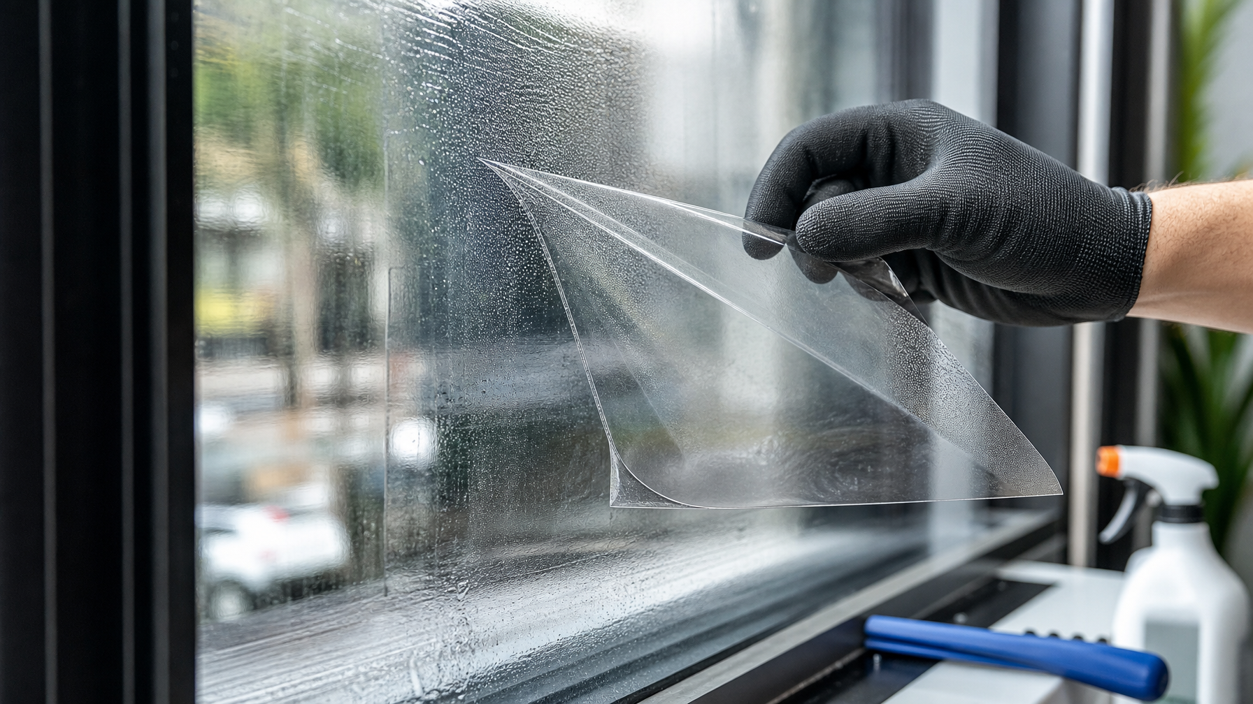 Close-up of LLumar safety window film being applied to glass during professional installation in Vancouver