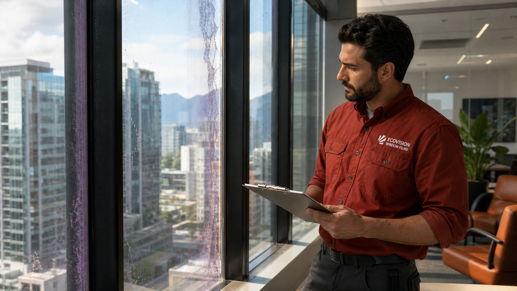 Ecovision installer in brick-red branded shirt inspecting aged bubbling window film on a Vancouver commercial office window, assessing whether removal is needed