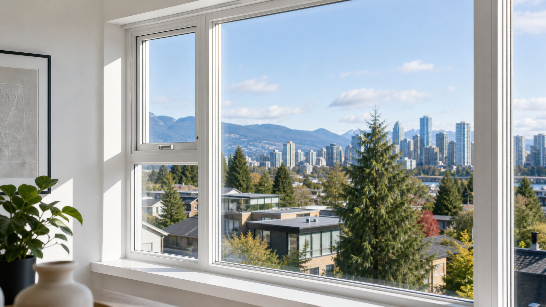 Clean residential window in Vancouver BC after professional window film adhesive removal showing crystal-clear glass
