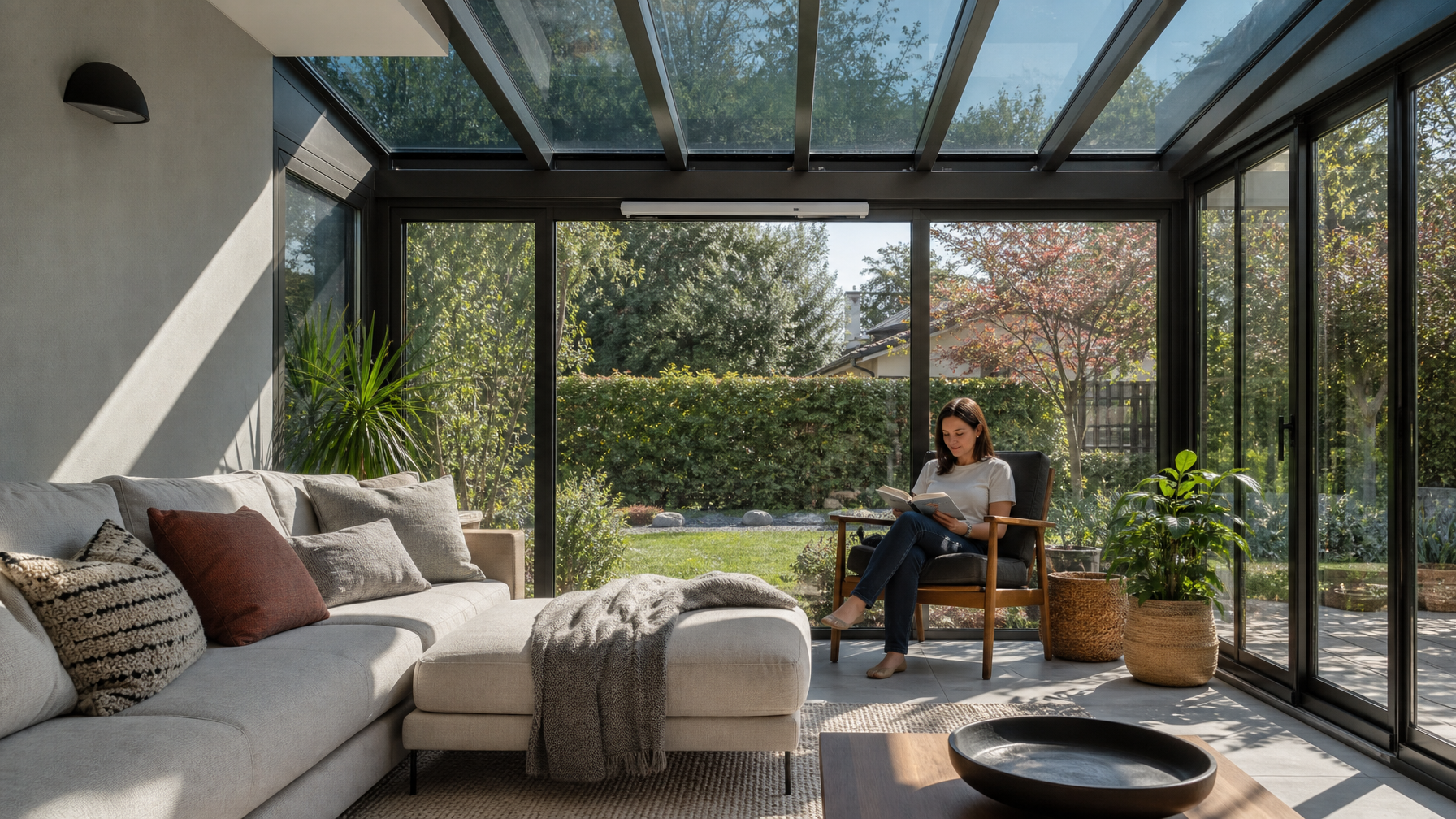 Bright comfortable sunroom interior in modern Vancouver home with solar control window film applied, person reading in filtered natural light