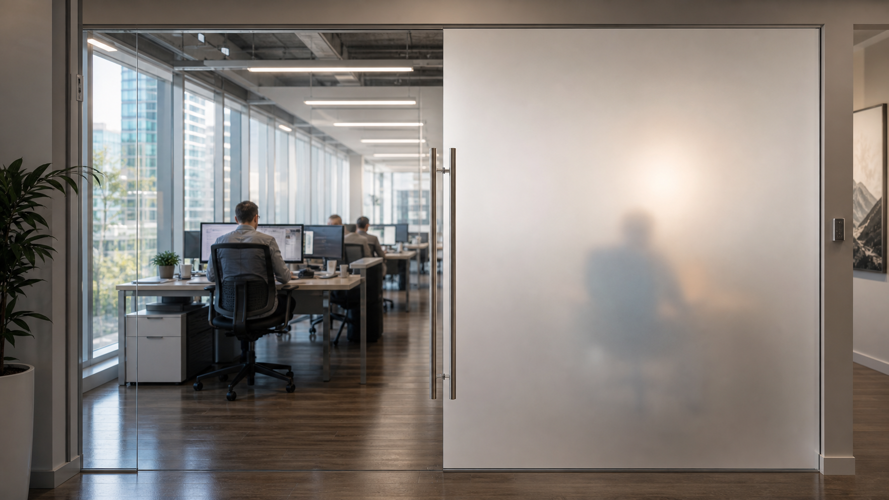 Glass office partition showing the difference between untreated clear glass and professionally installed frosted window film in a Vancouver corporate office