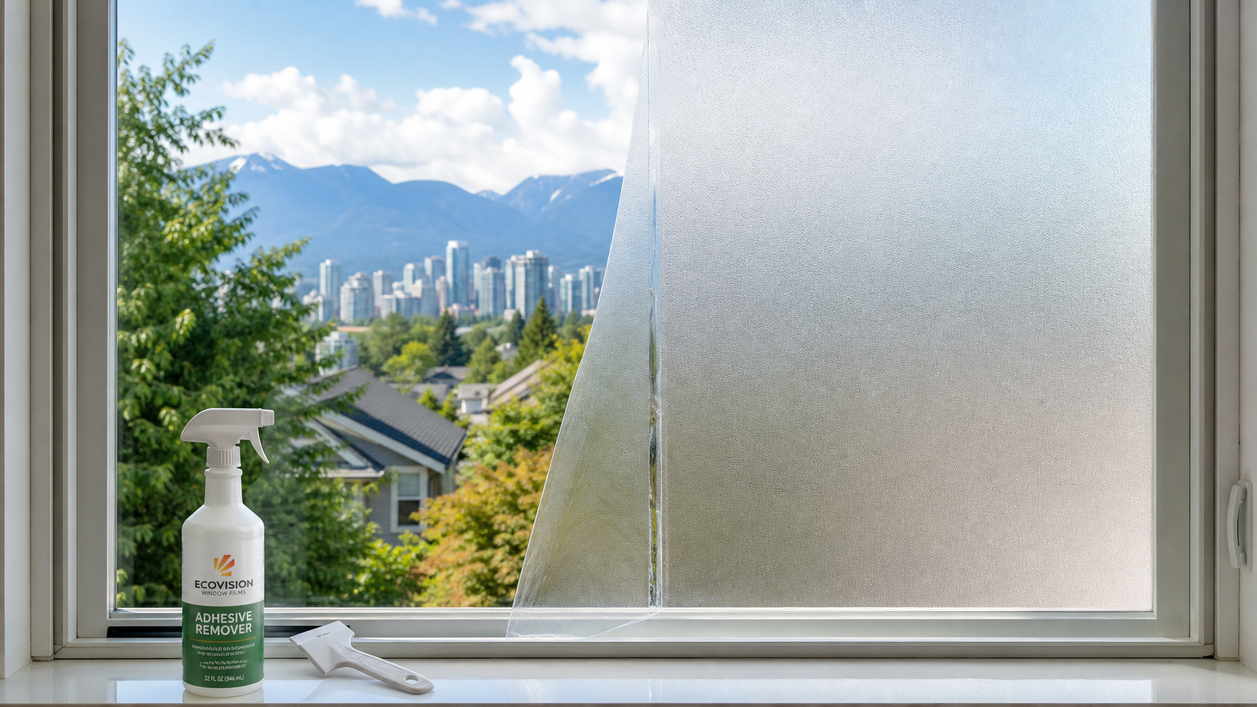 Half-removed frosted window film showing clear glass on one side and frosted film on the other, adhesive removal step in progress