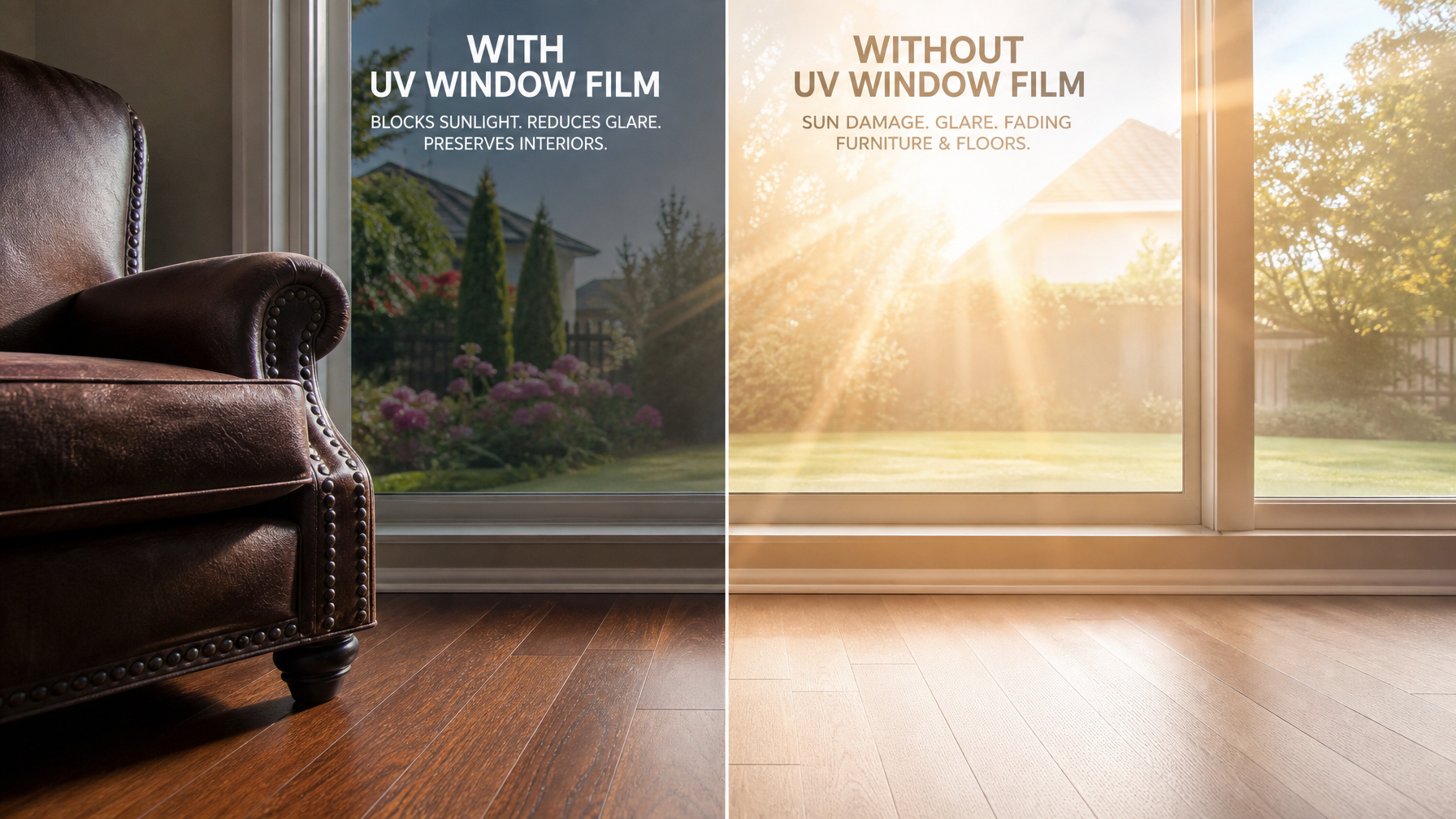 Side-by-side comparison showing UV window film protecting hardwood floors and furniture from fading versus unprotected glass in a Surrey BC home