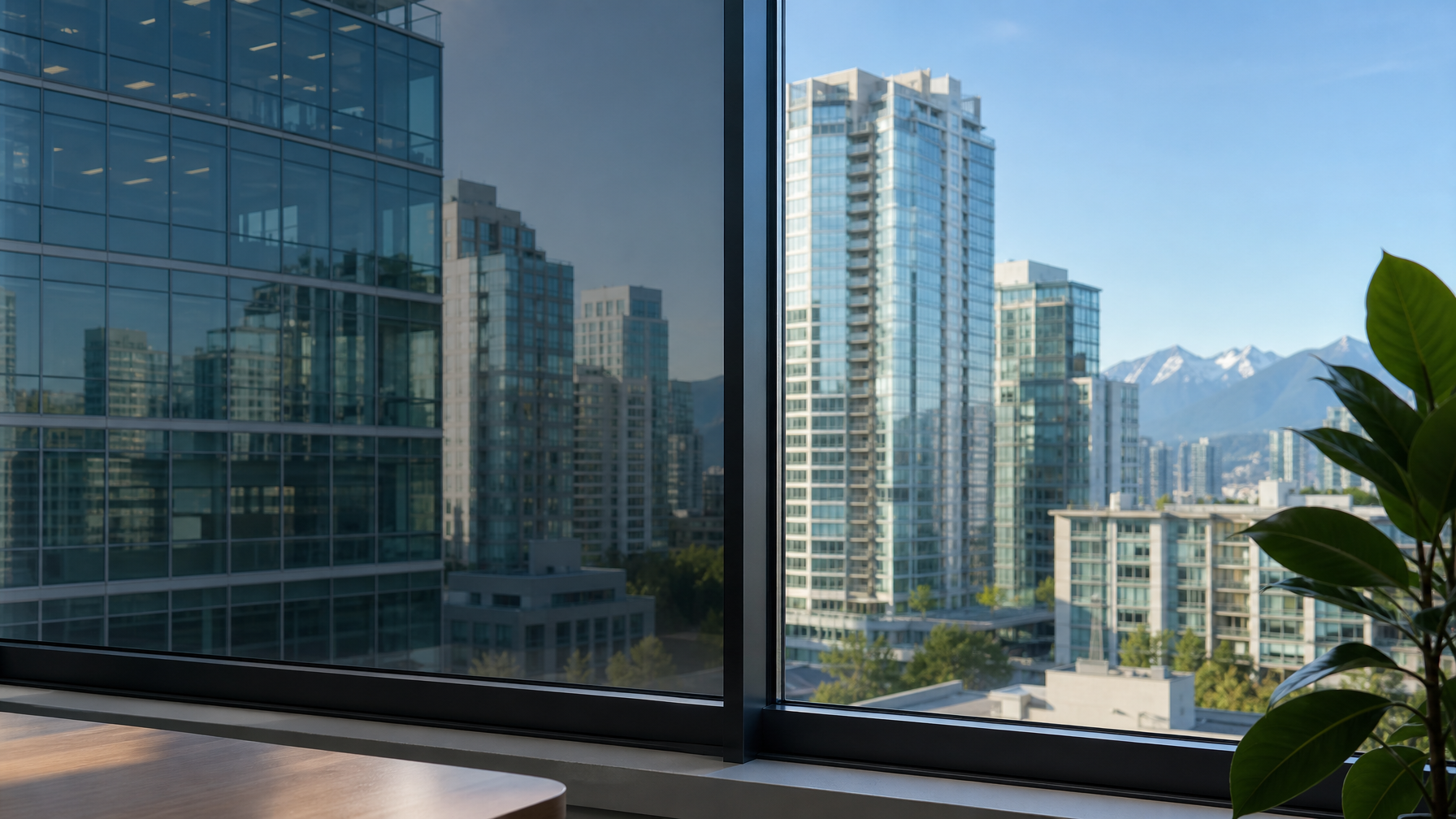 Before-and-after comparison of commercial window glass with Vista spectrally selective window film applied on one half showing heat reduction properties