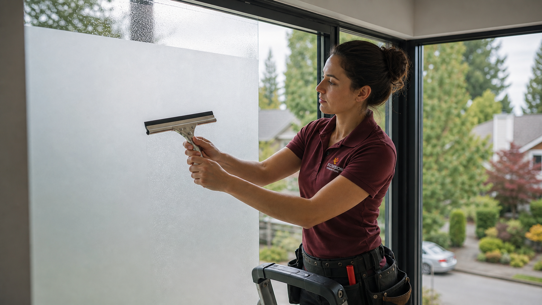 Ecovision window film installer in brick-red branded shirt applying frosted privacy film to a residential Vancouver home window