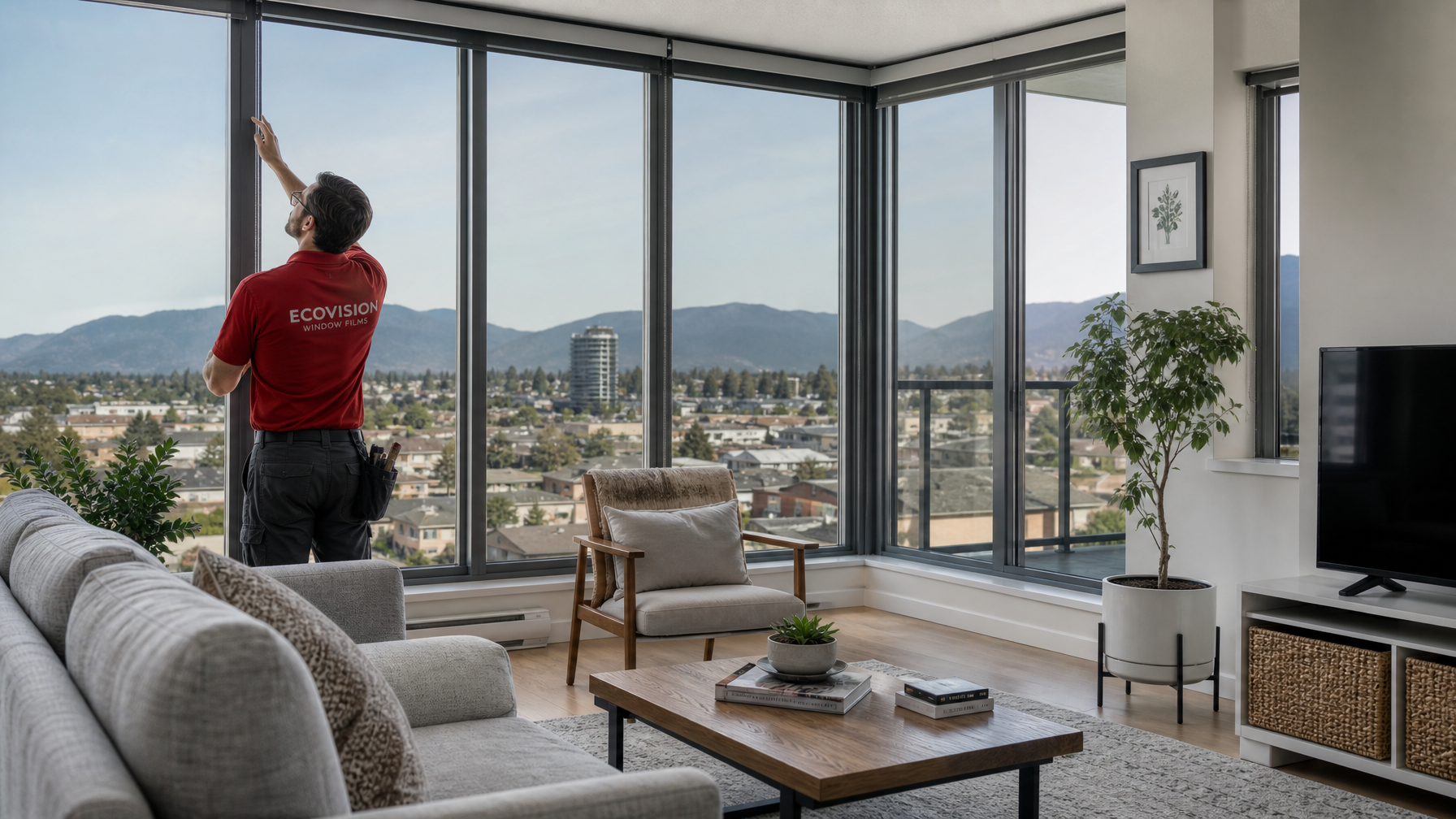Modern Port Coquitlam condo interior with solar control window film installed showing reduced glare and comfortable natural light with Ecovision installer doing final inspection