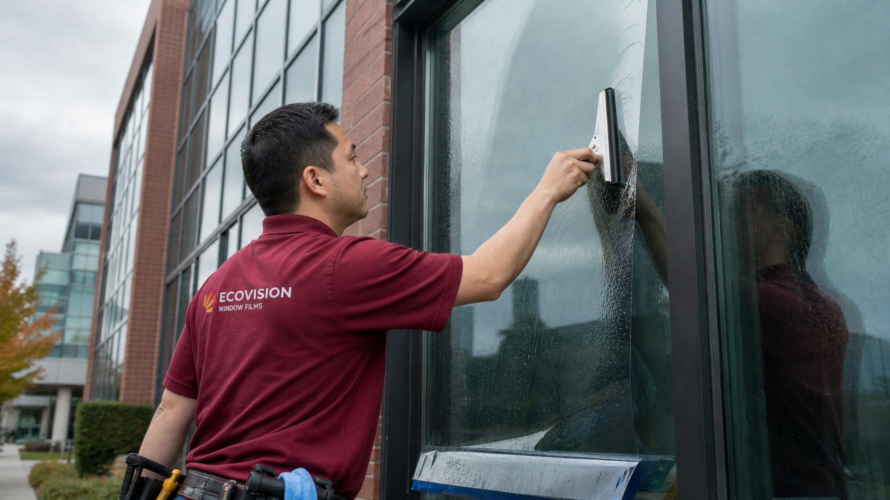 Ecovision installer in brick-red branded shirt applying architectural window film to a commercial glass facade in Burnaby BC