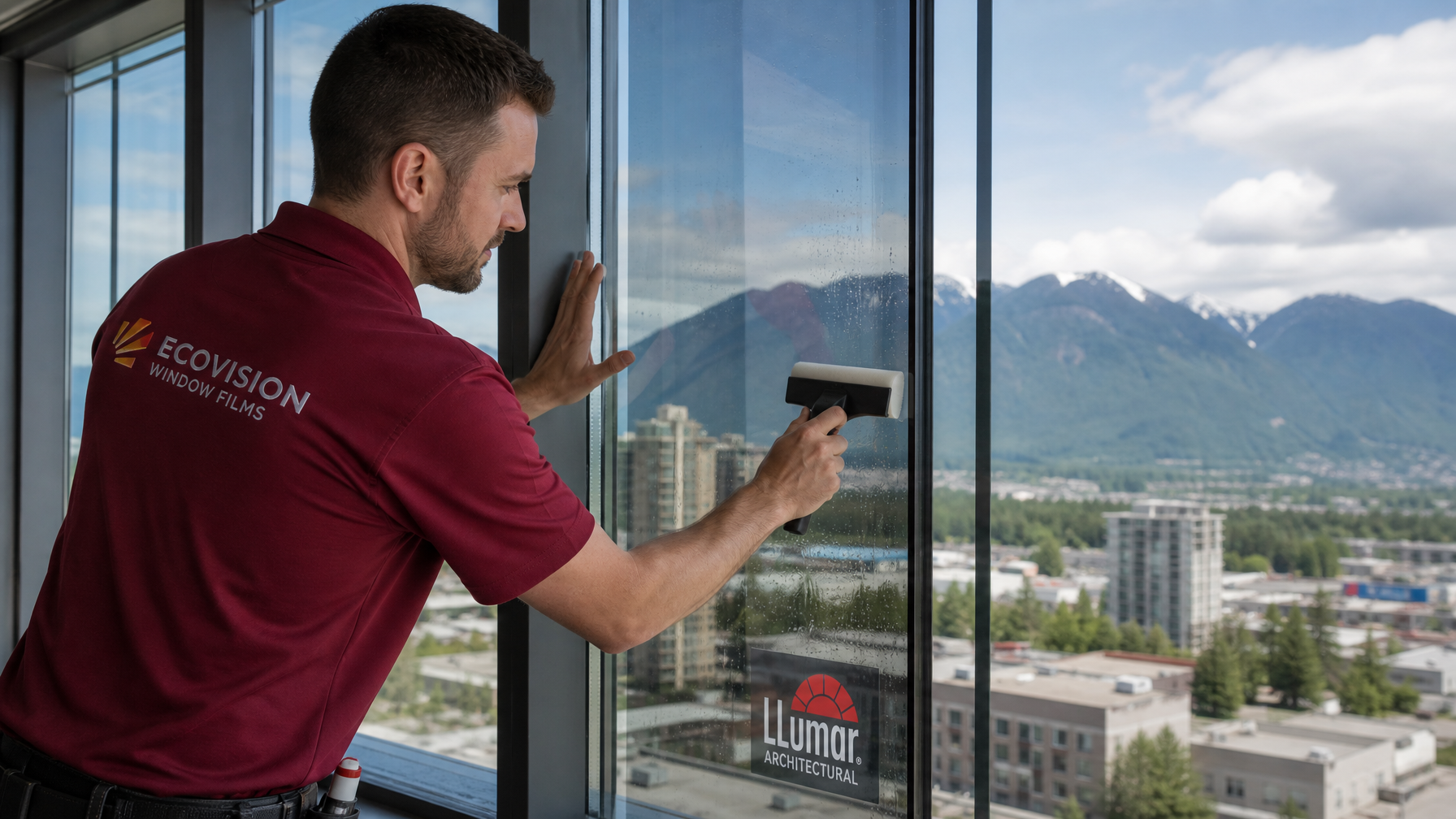 Ecovision Window Films certified LLumar installer in brick-red work shirt applying film to commercial glass in Vancouver BC
