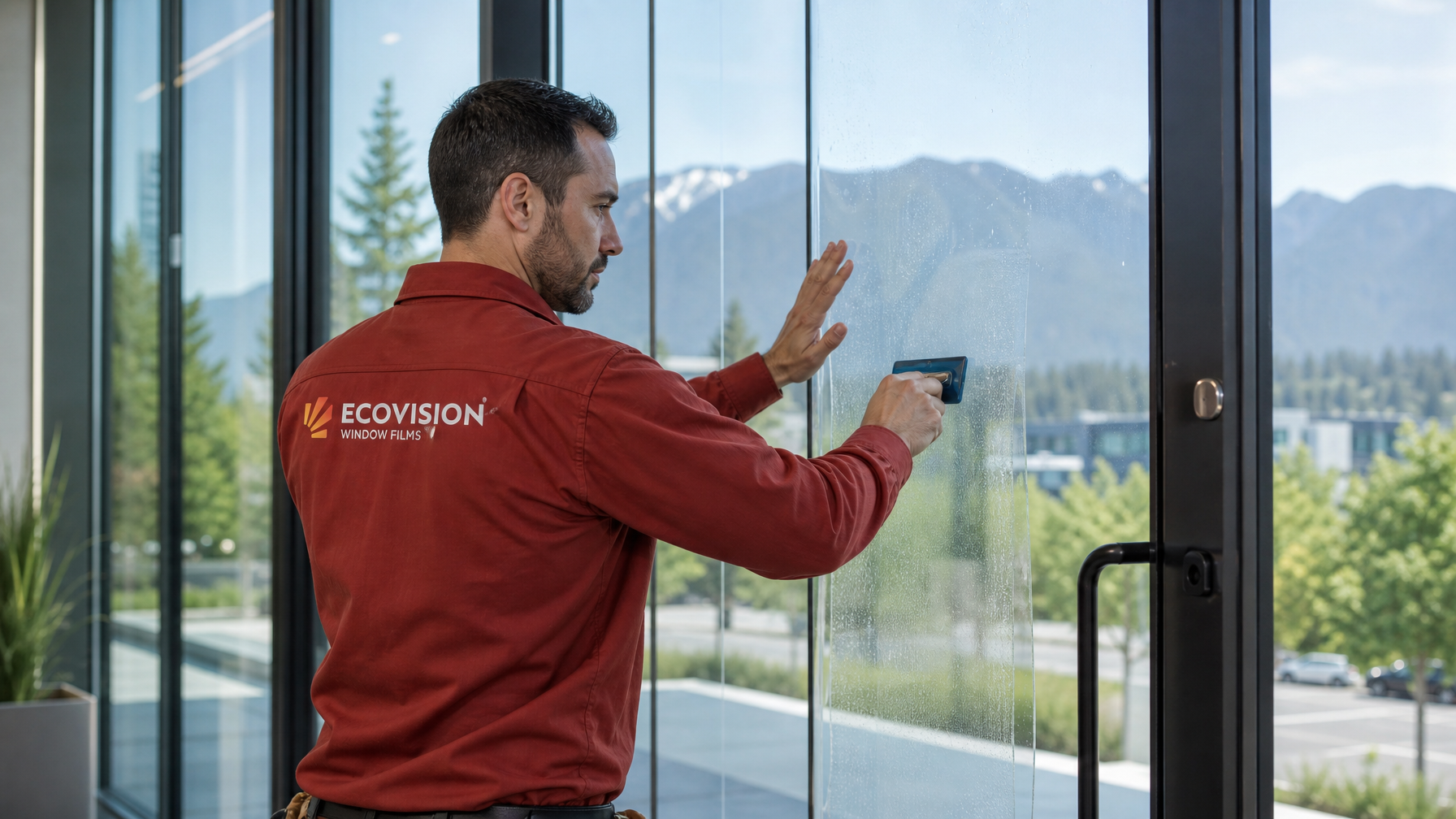 Ecovision Window Films installer in brick-red branded shirt applying protective film to a commercial glass door in a Vancouver office lobby