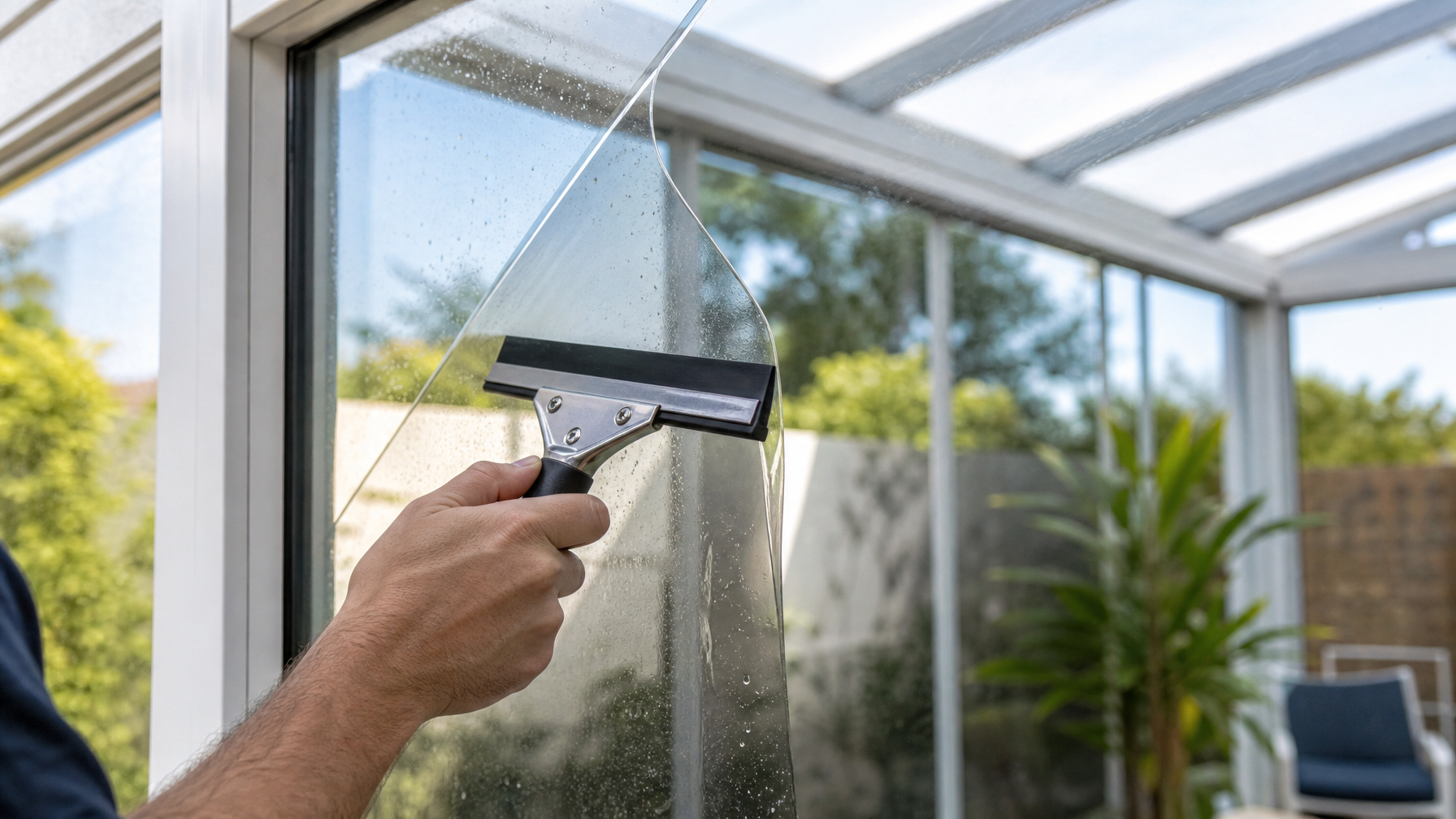 Close-up of professional ceramic solar control window film being applied with squeegee to sunroom glass, installation detail shot