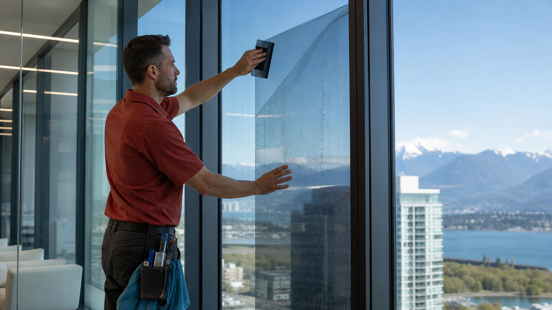 Ecovision Window Films certified installer in brick-red work shirt applying Vista window film to commercial glass in a Vancouver office building with North Shore mountains in background