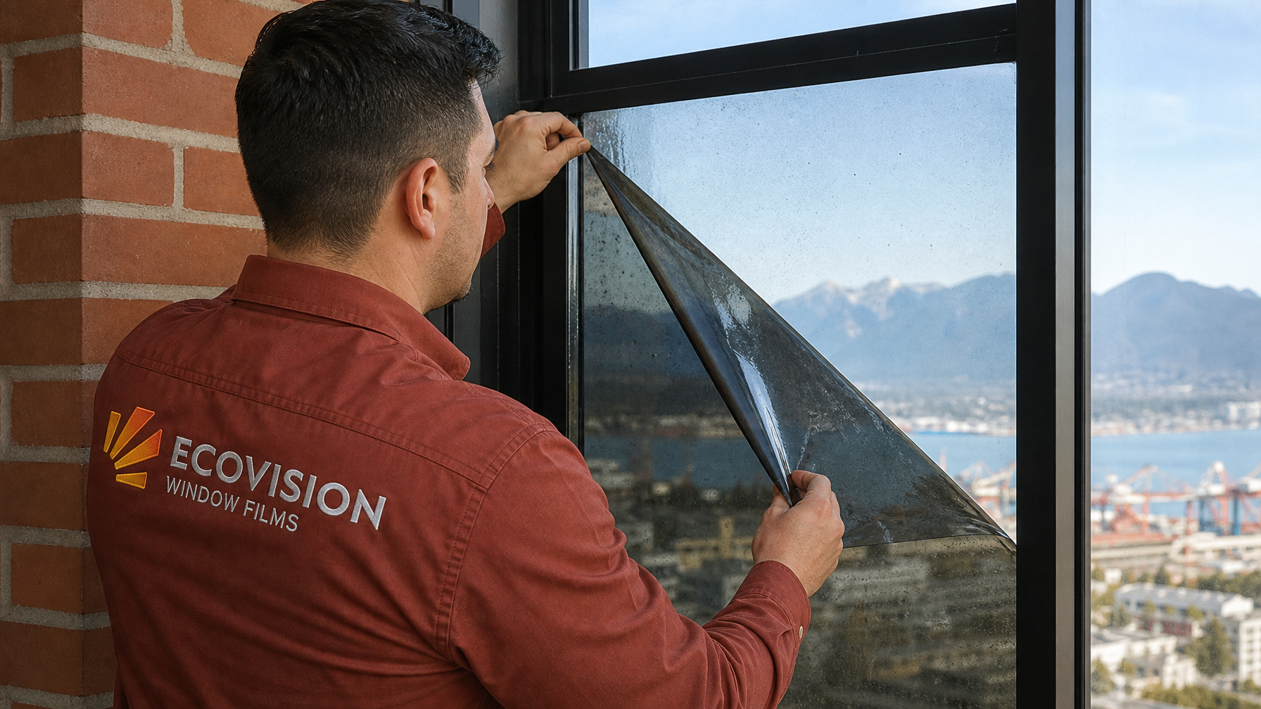 Ecovision installer in brick-red shirt removing window film adhesive from residential glass in Vancouver BC